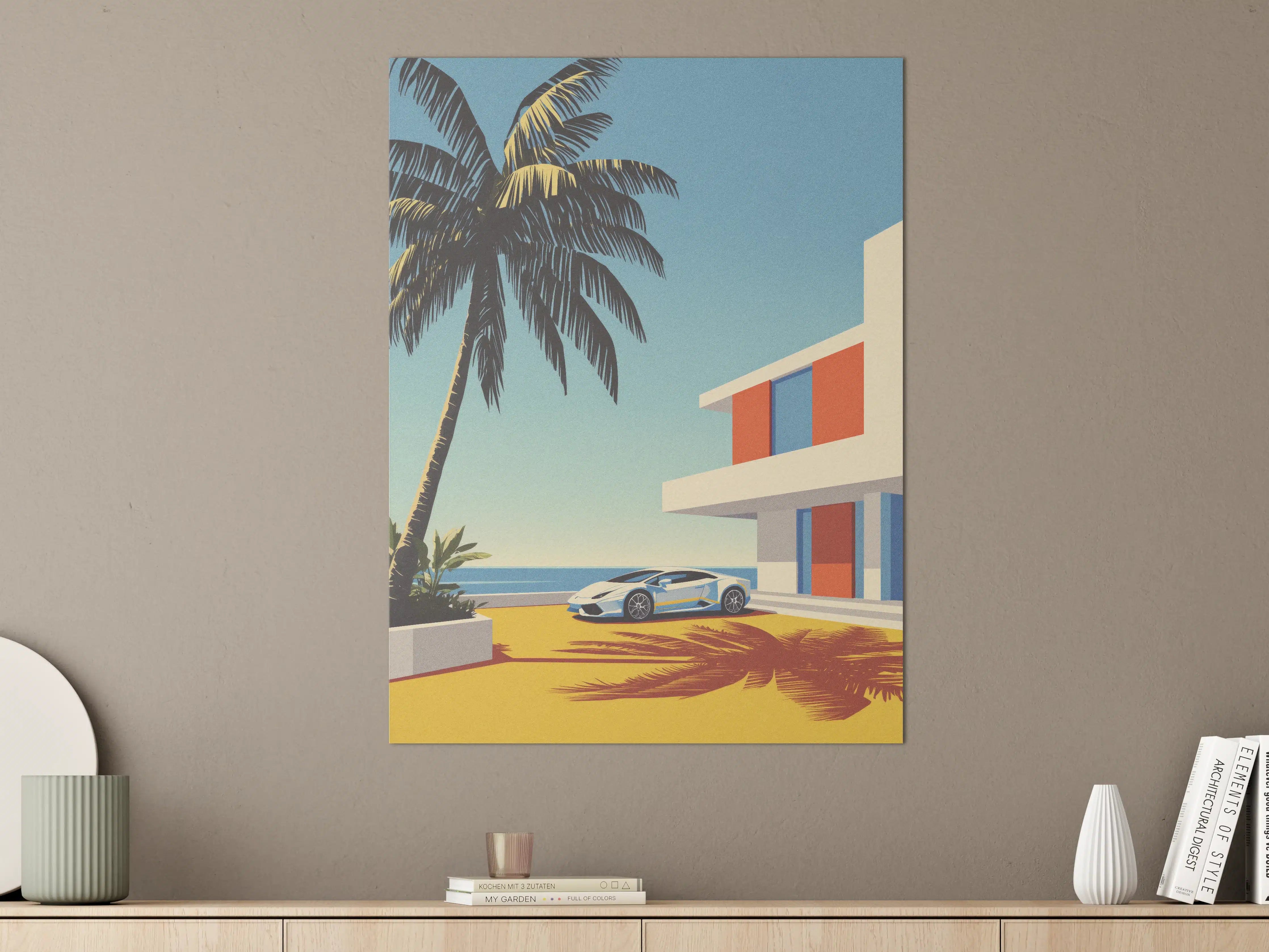 Große Wandbilder - Modernes Strandhaus mit Luxusauto und Palmen