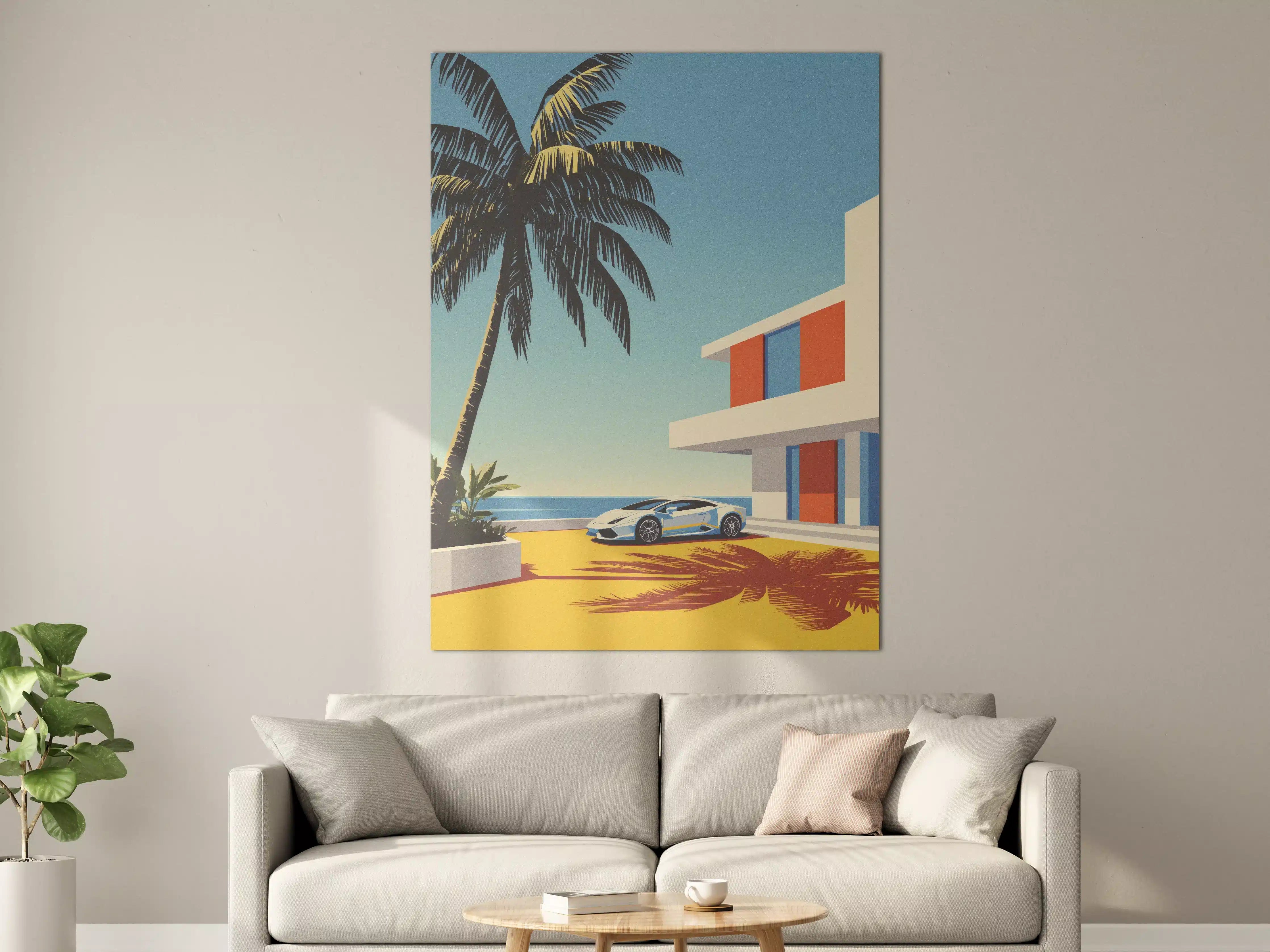 Große Wandbilder - Modernes Strandhaus mit Luxusauto und Palmen