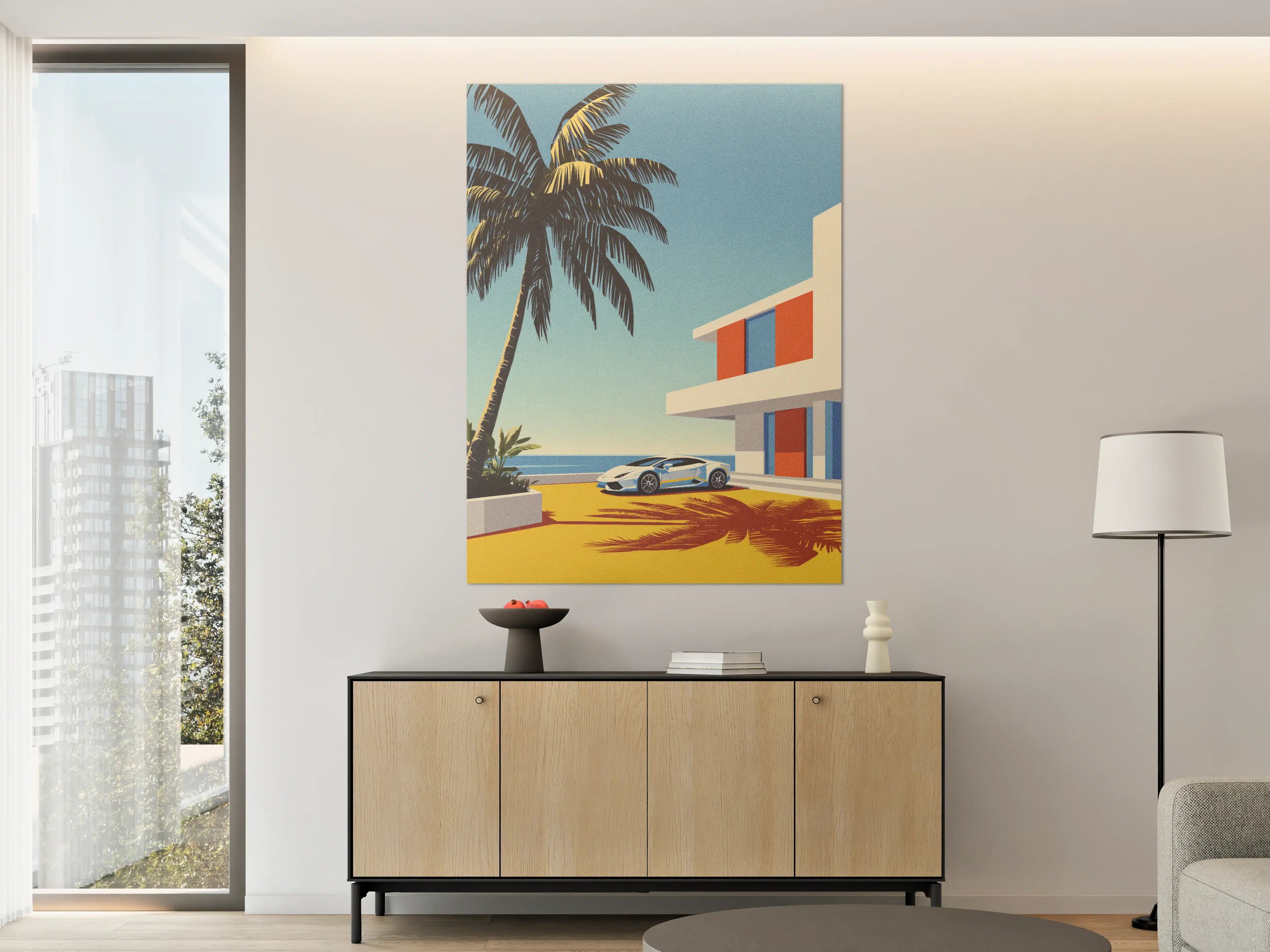 Große Wandbilder - Modernes Strandhaus mit Luxusauto und Palmen