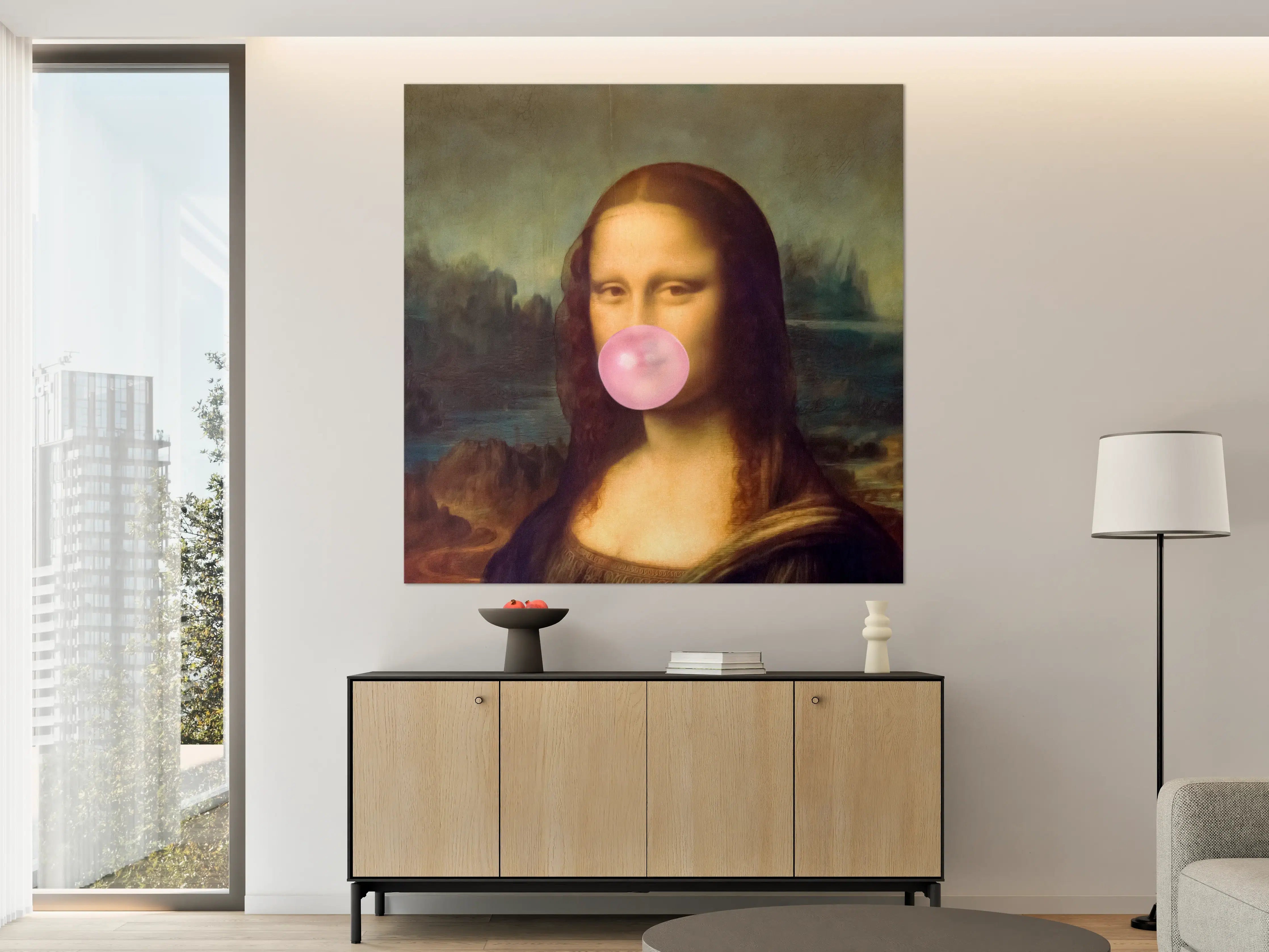 Große Wandbilder - Mona Lisa mit pinker Bubble-Gum