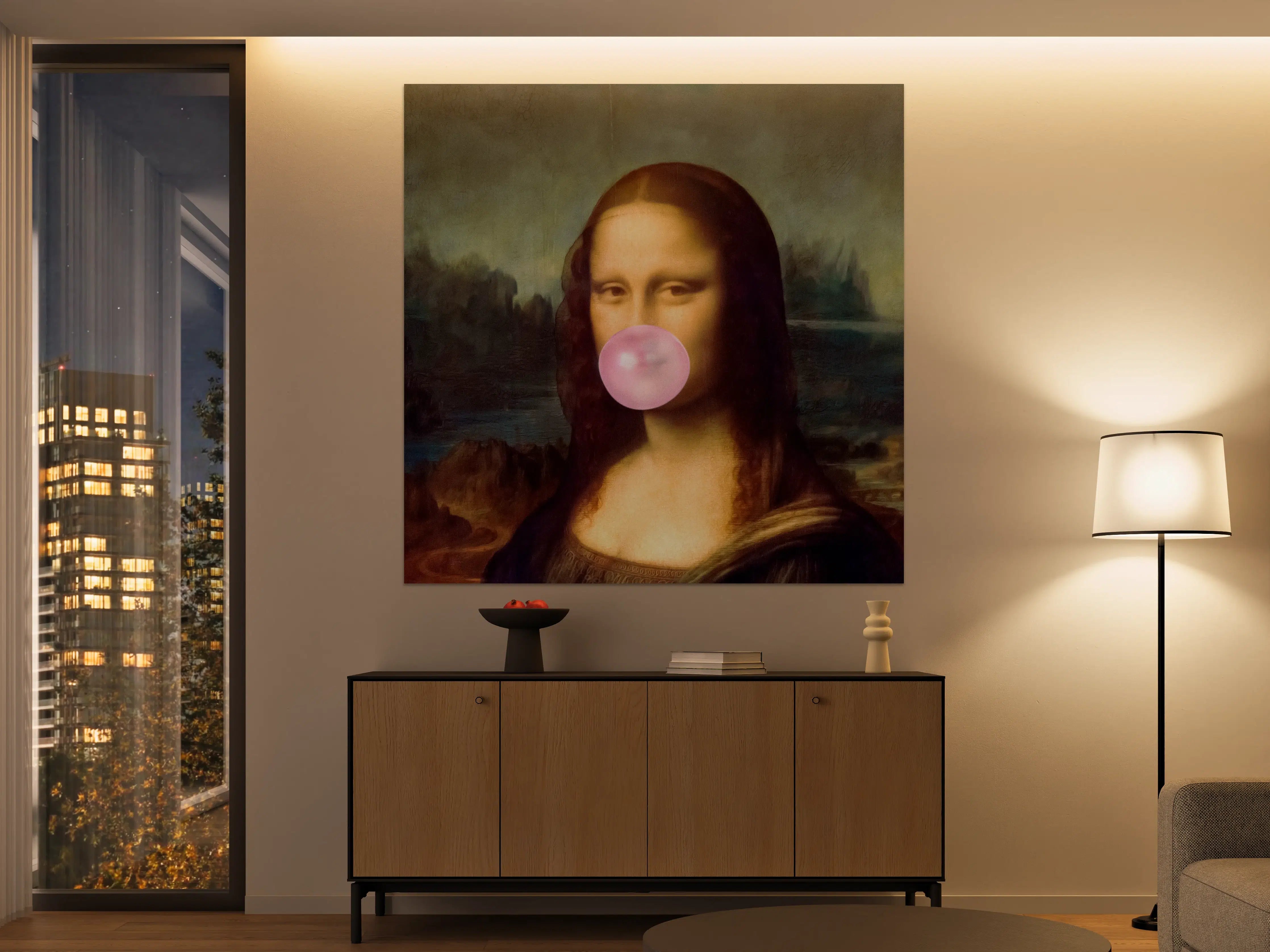 Große Wandbilder - Mona Lisa mit pinker Bubble-Gum