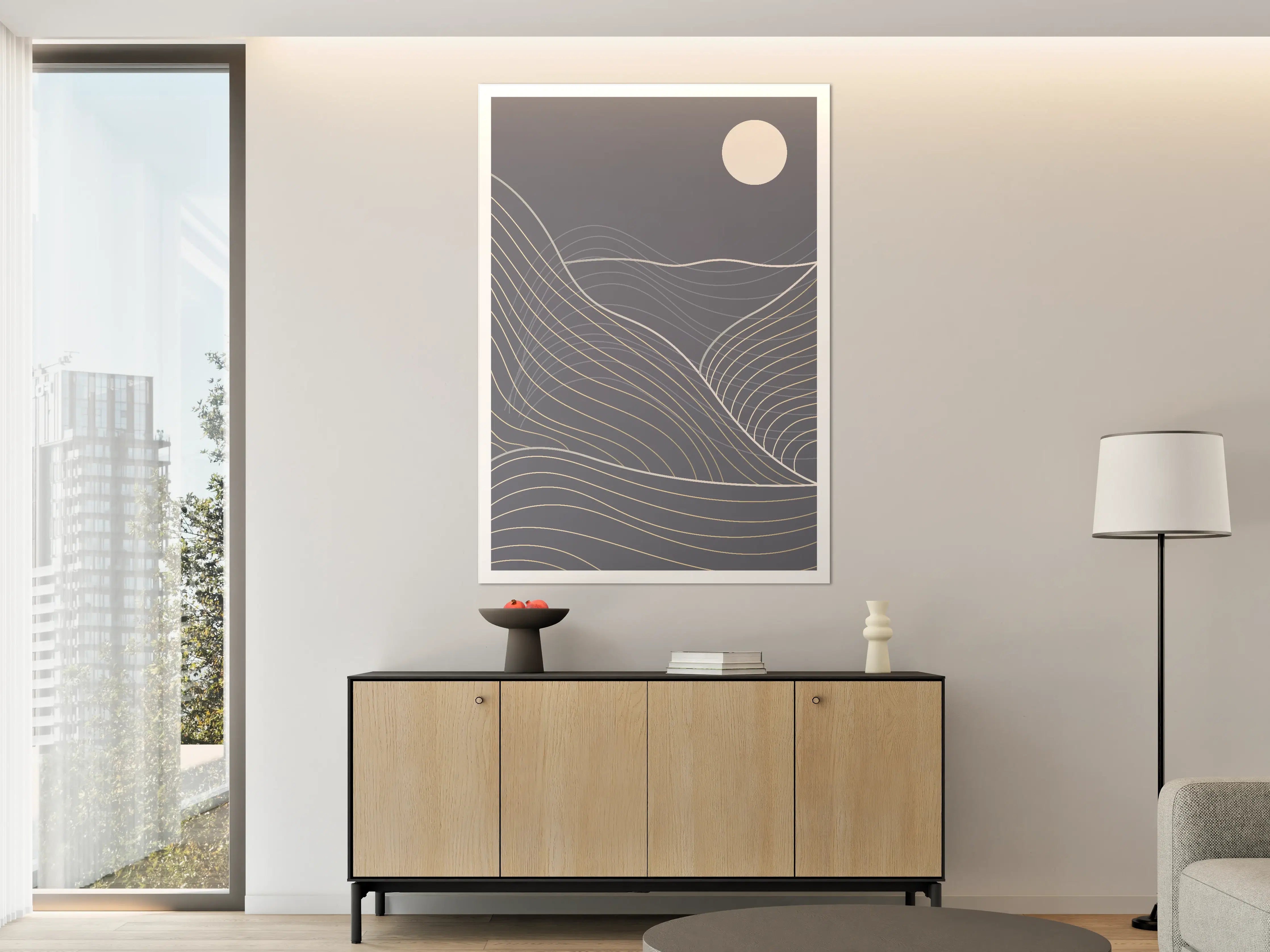 Große Wandbilder - Mond über Wellen in Grau und Creme