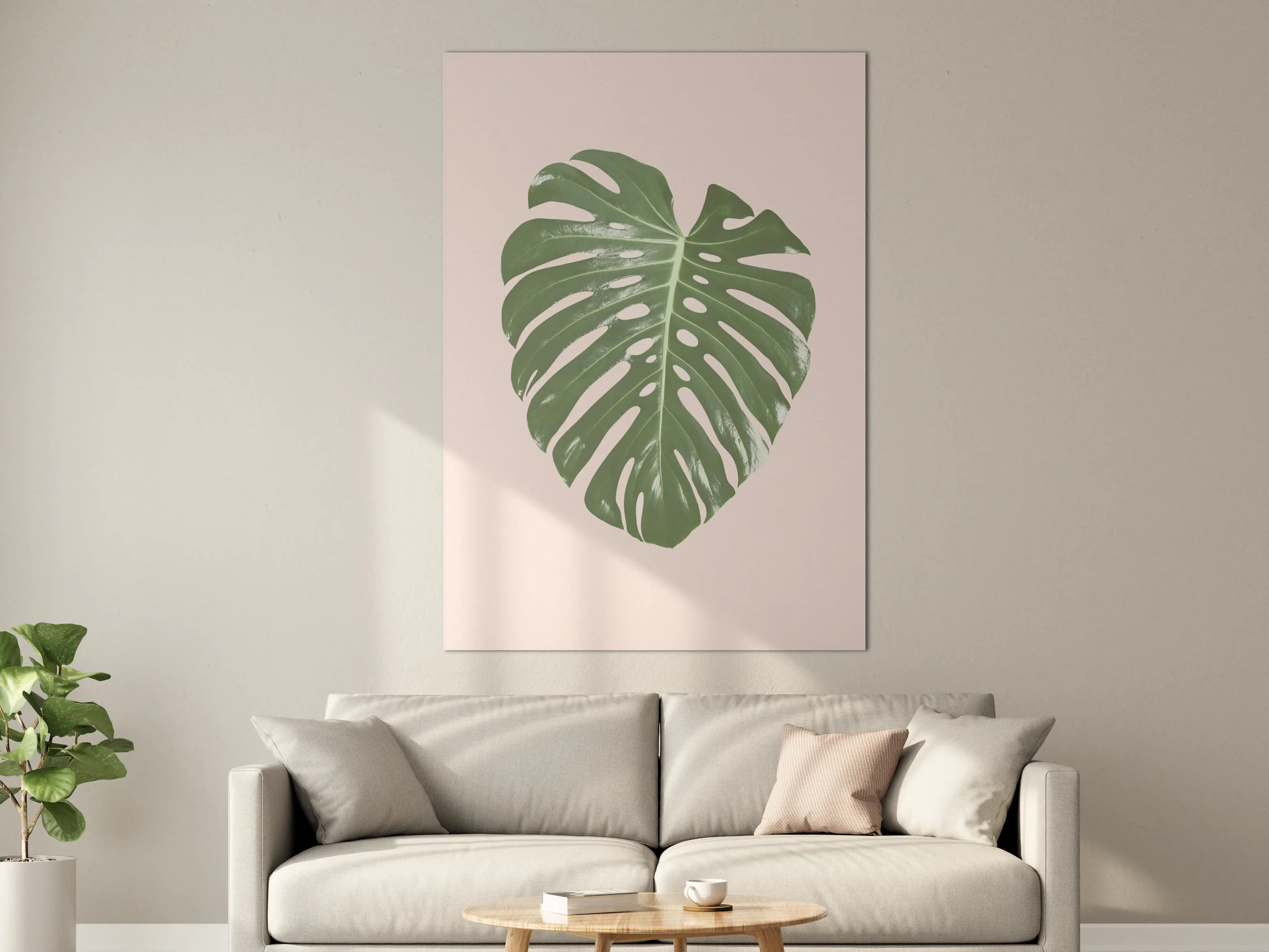 Große Wandbilder - Monstera-Blatt auf pastellfarbenem Hintergrund