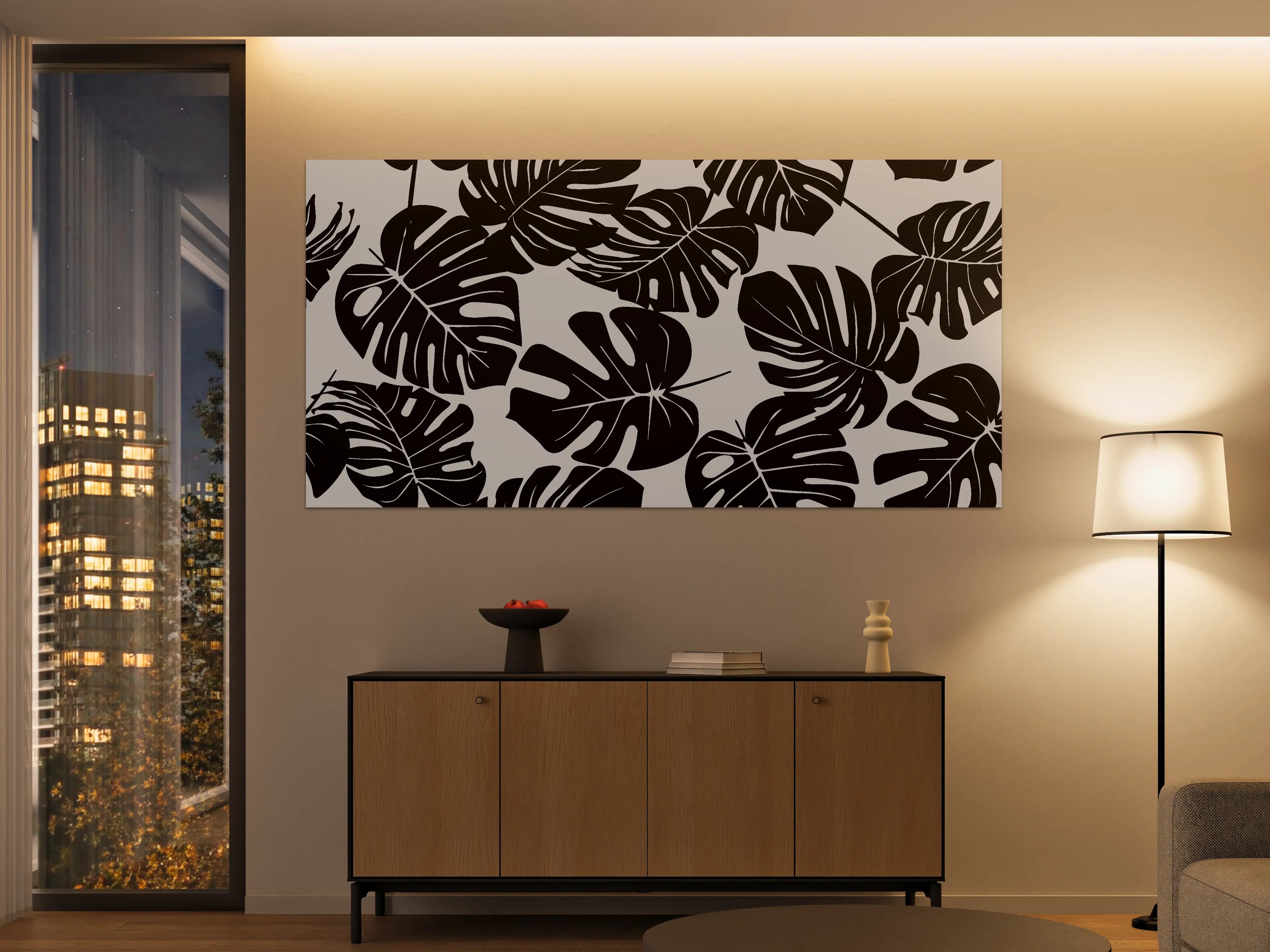 Große Wandbilder - Monstera Schwarz-Beige Muster
