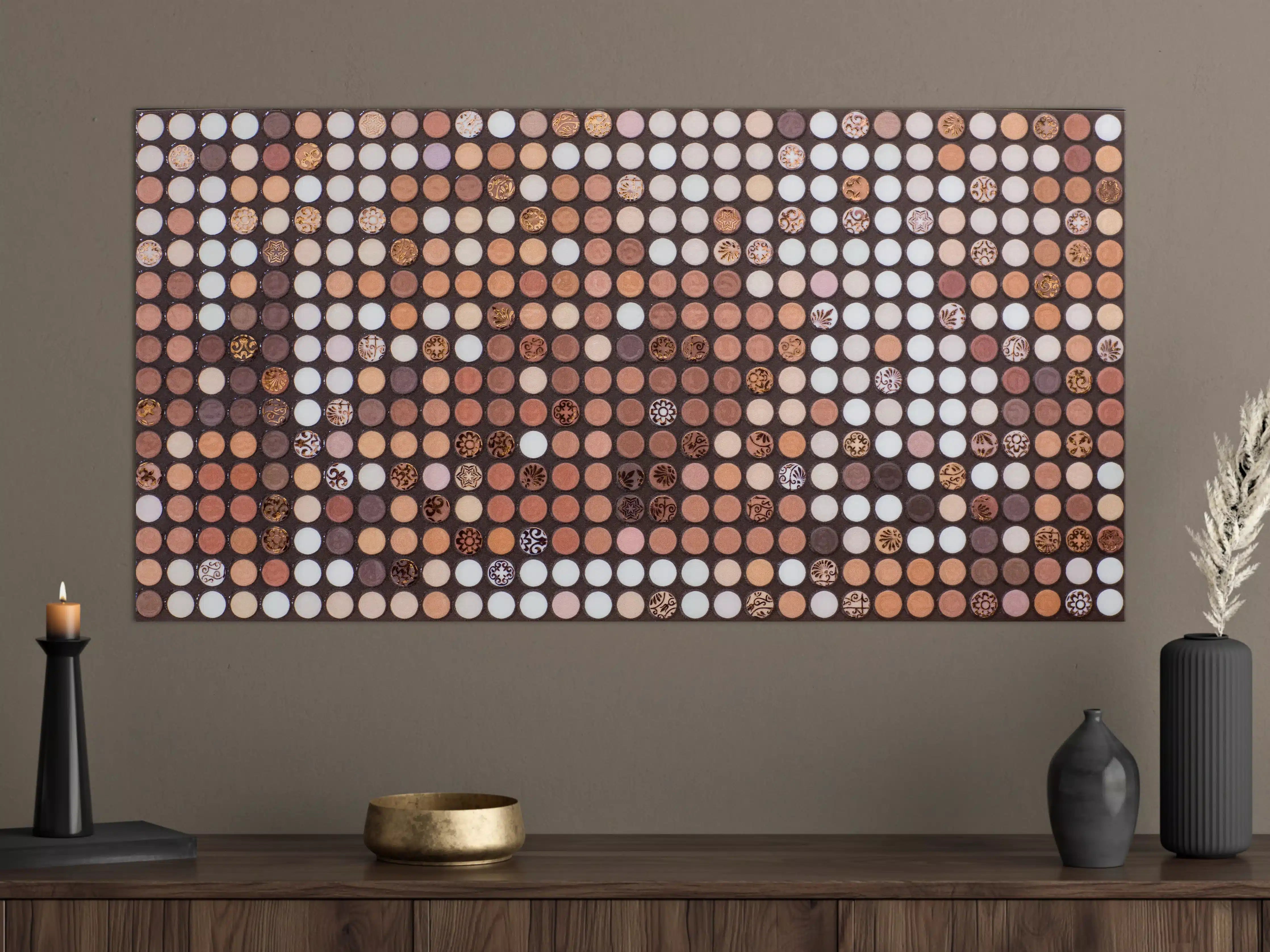 Große Wandbilder - Mosaik aus Holz- und Steinelementen mit warmen Braun- und Beigetönen