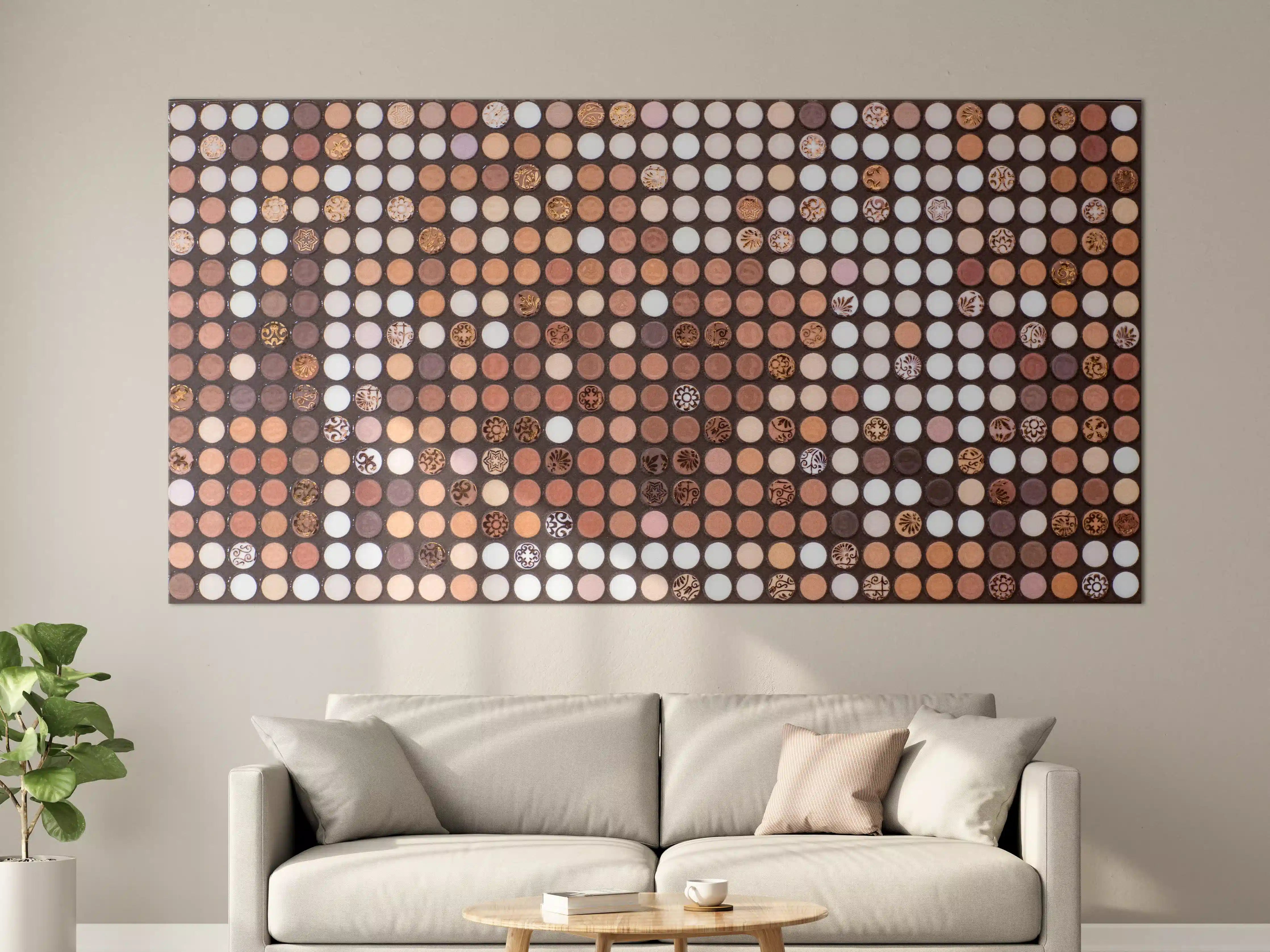 Große Wandbilder - Mosaik aus Holz- und Steinelementen mit warmen Braun- und Beigetönen