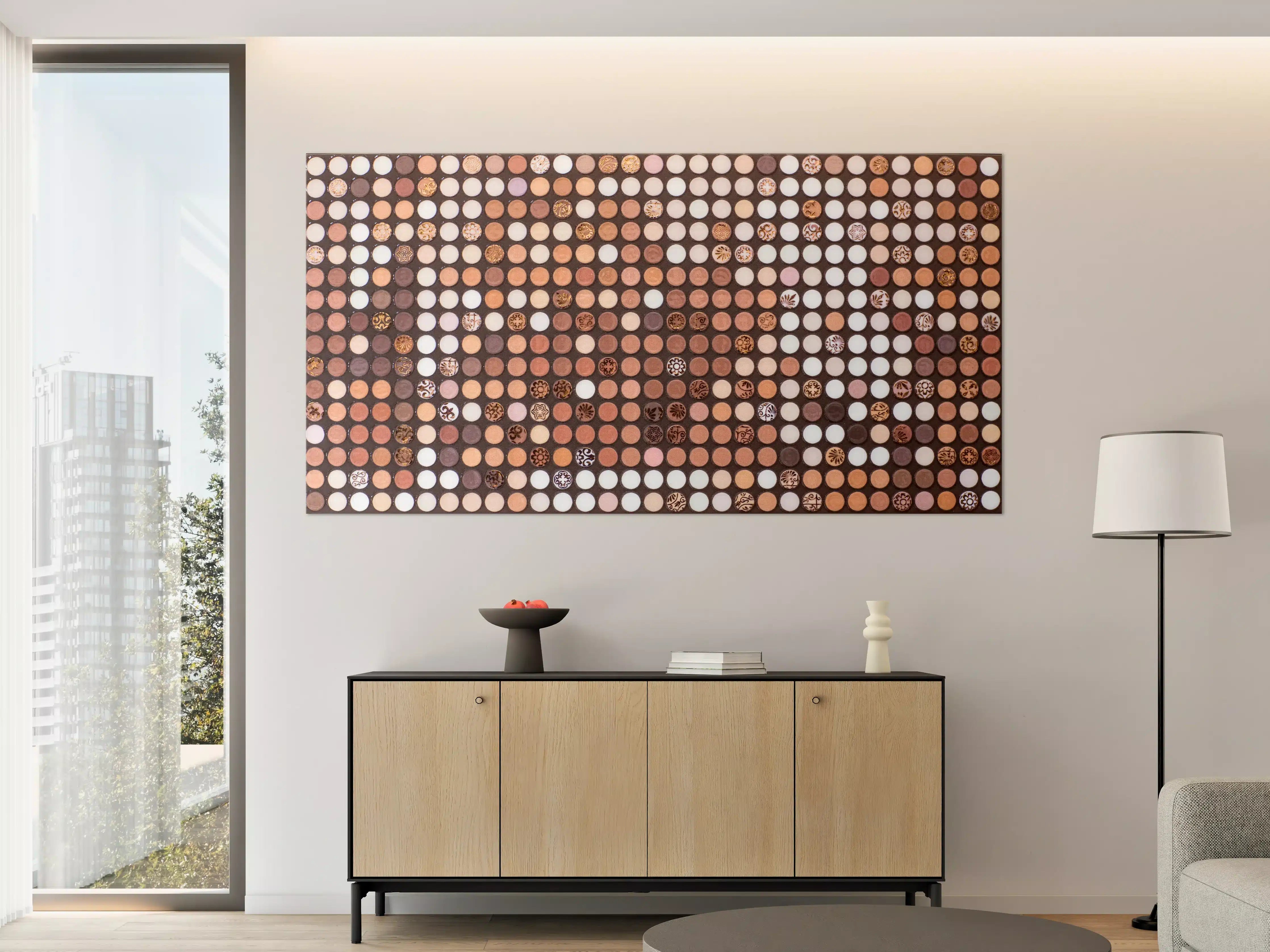 Große Wandbilder - Mosaik aus Holz- und Steinelementen mit warmen Braun- und Beigetönen