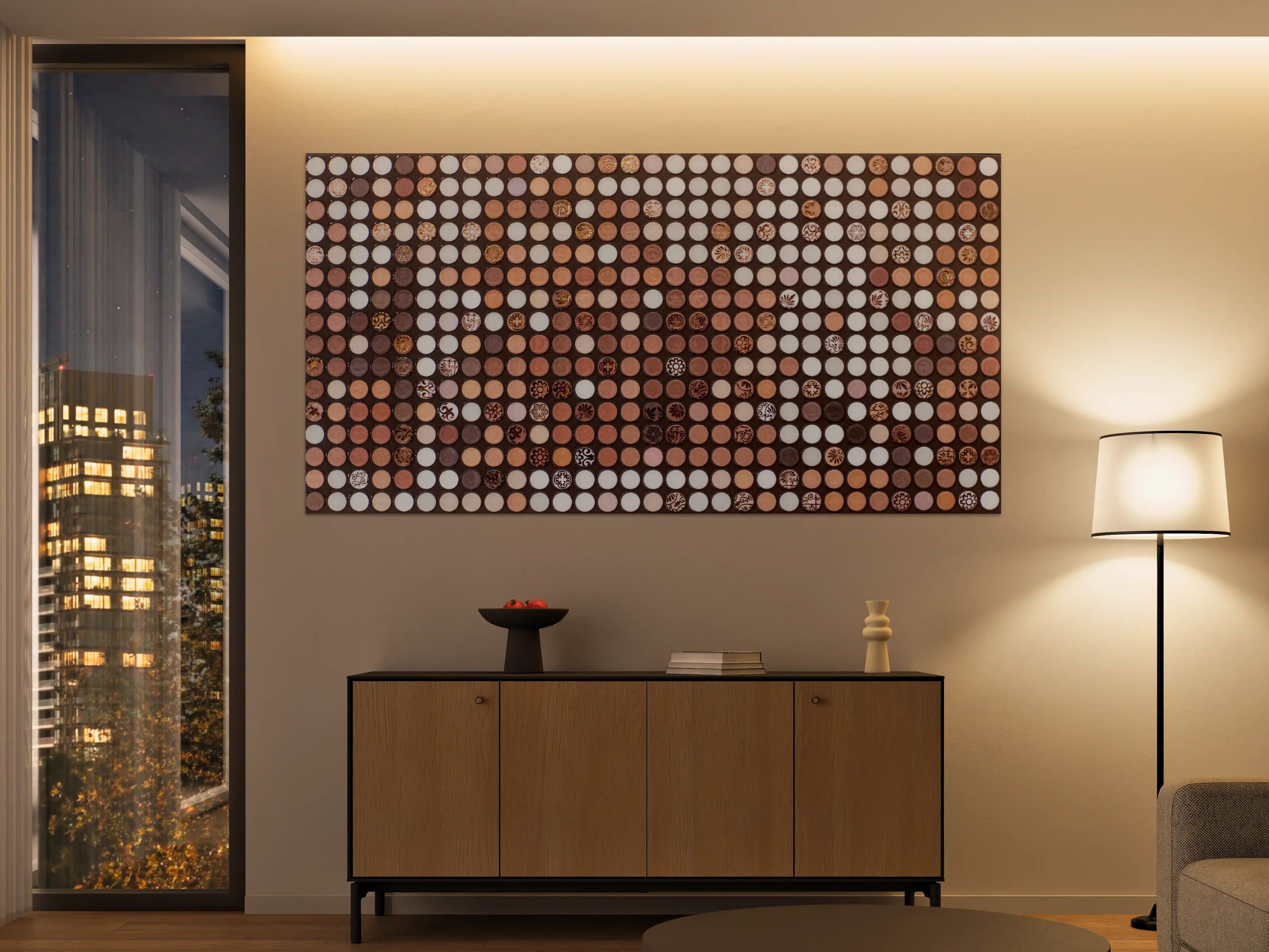 Große Wandbilder - Mosaik aus Holz- und Steinelementen mit warmen Braun- und Beigetönen