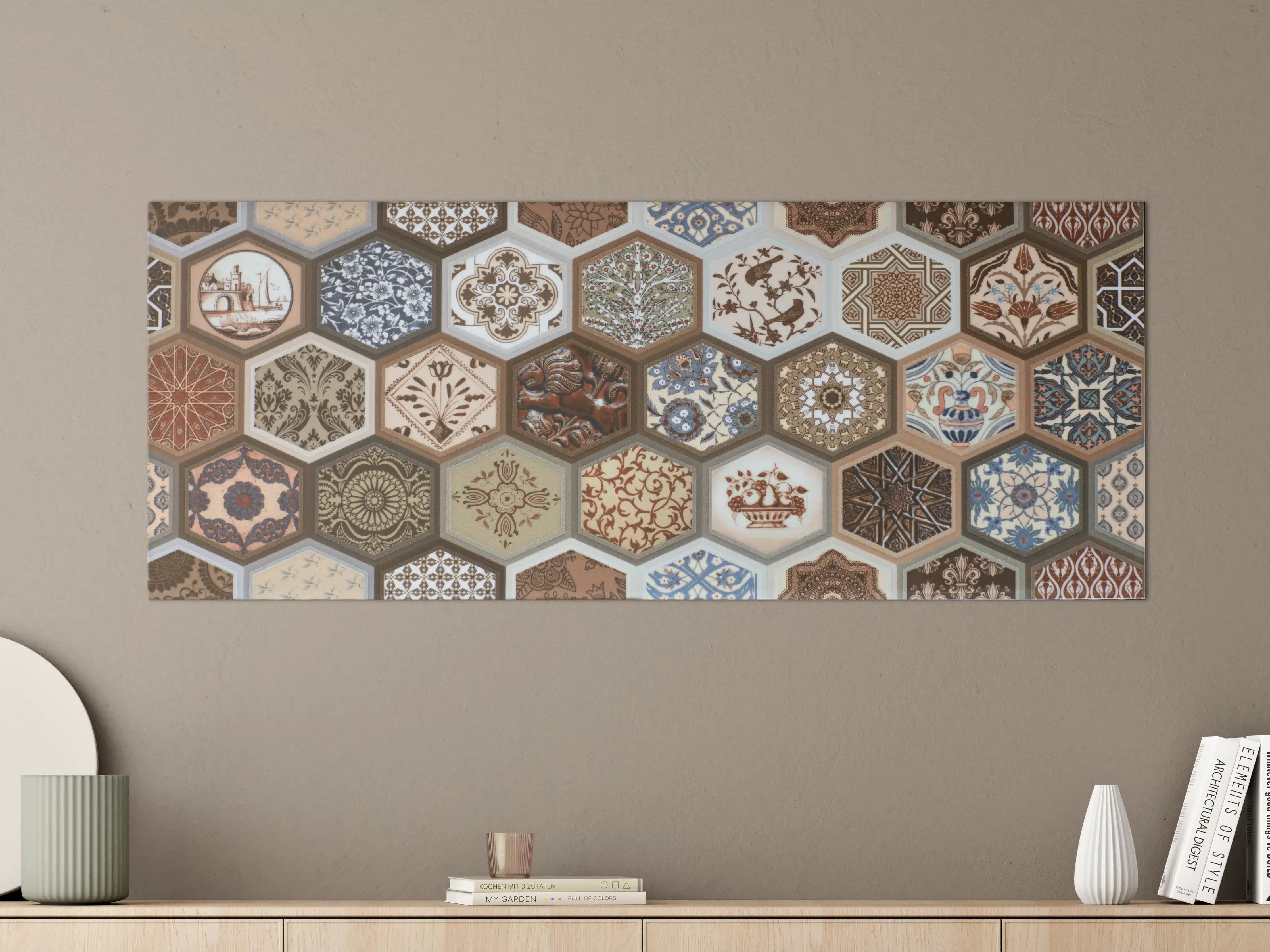 Große Wandbilder - Mosaikfliesen mit vielfältigen Mustern und Erdfarben