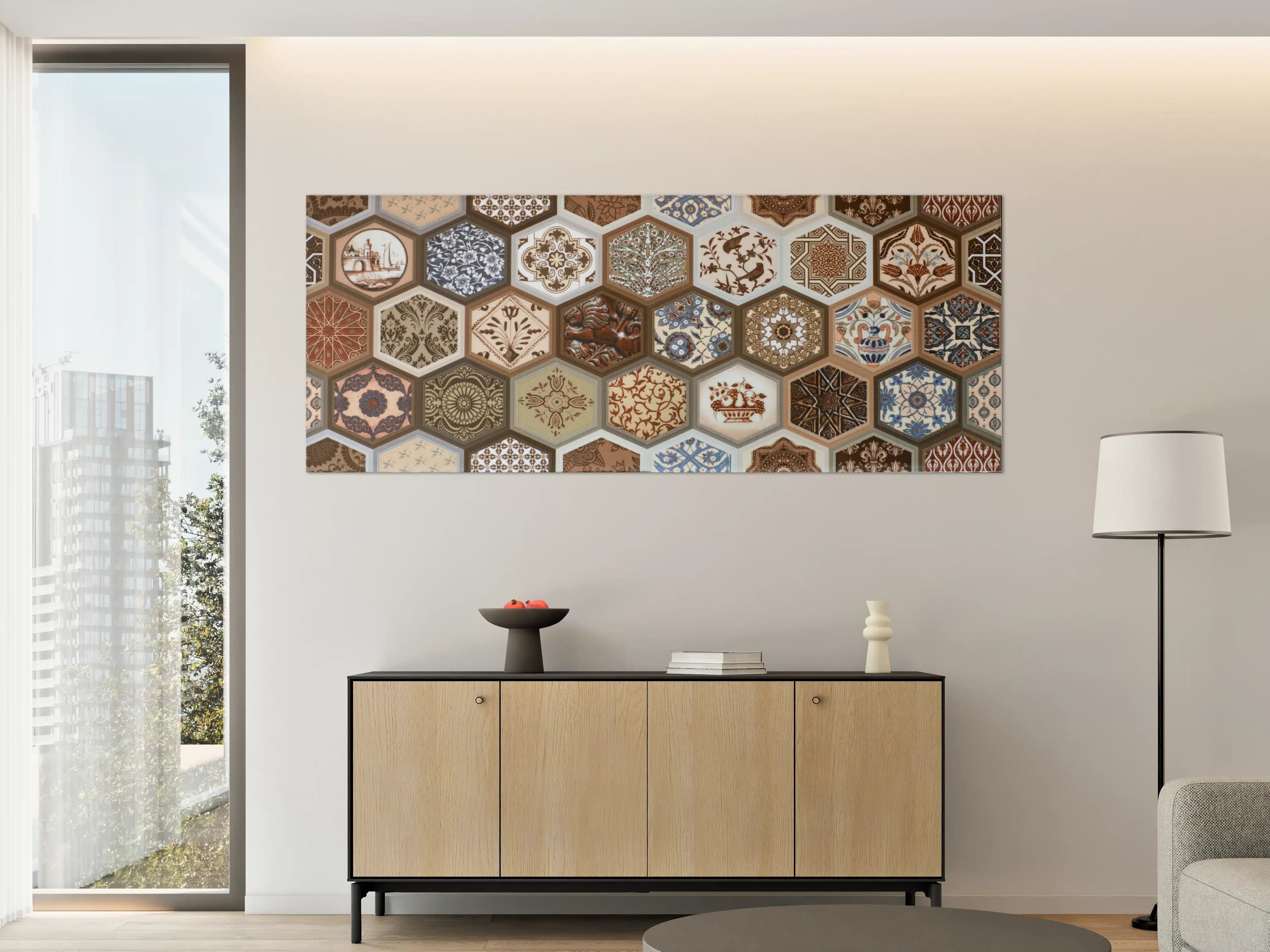 Große Wandbilder - Mosaikfliesen mit vielfältigen Mustern und Erdfarben