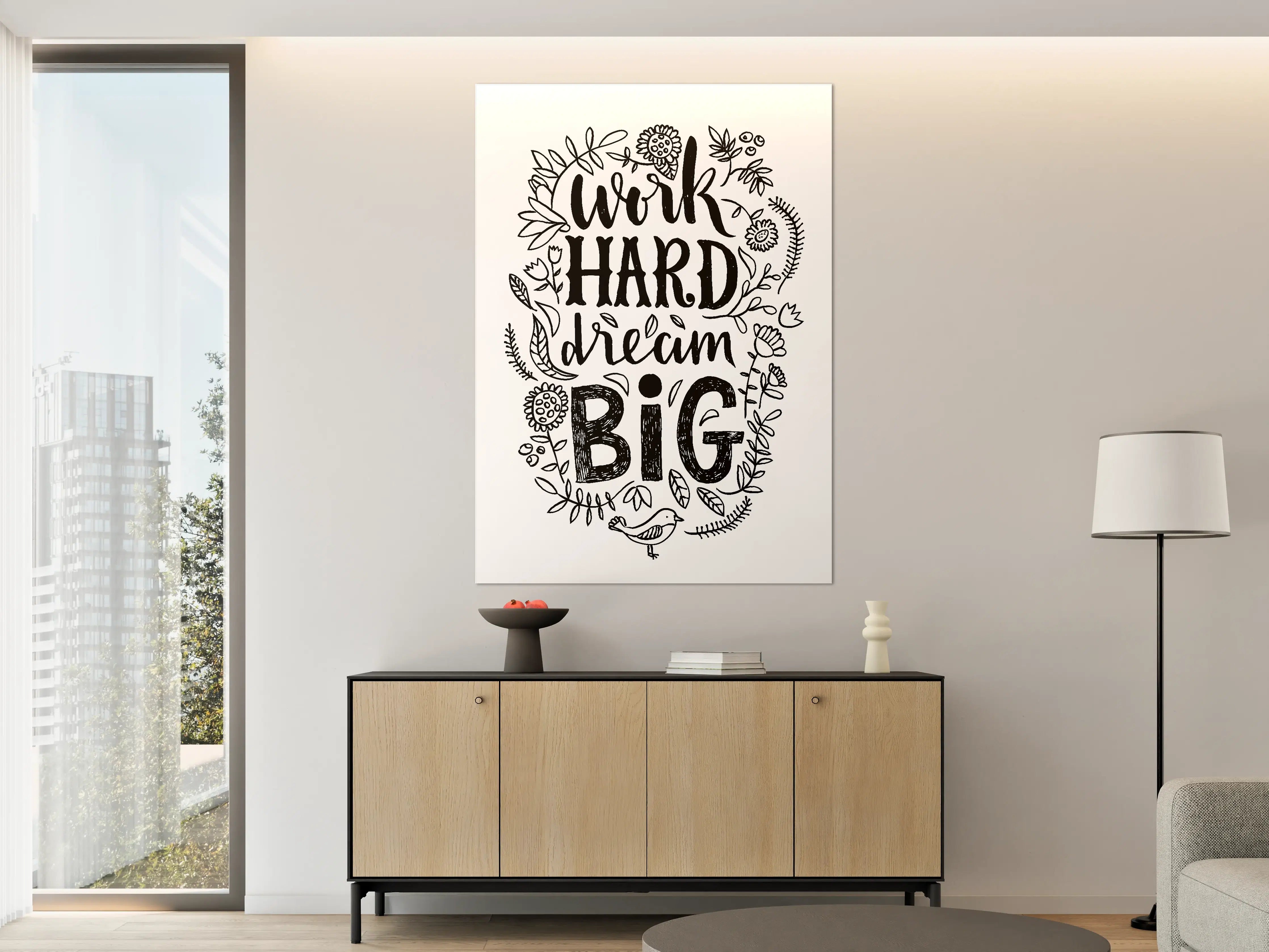 Große Wandbilder - Motivierender Spruch 'Work Hard Dream Big' mit floraler Gestaltung