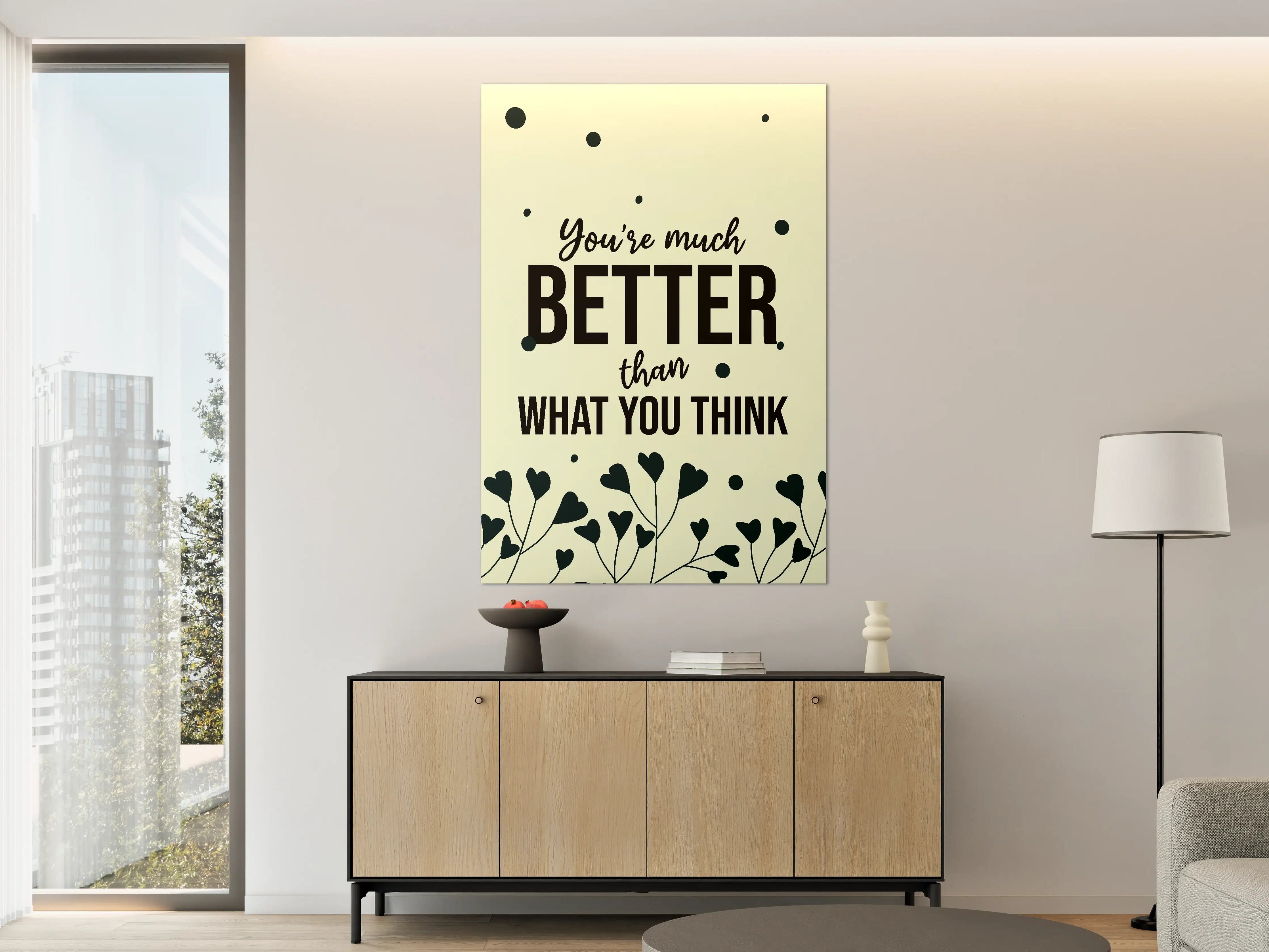 Große Wandbilder - Motivierendes Sprichwort mit Herzblumen