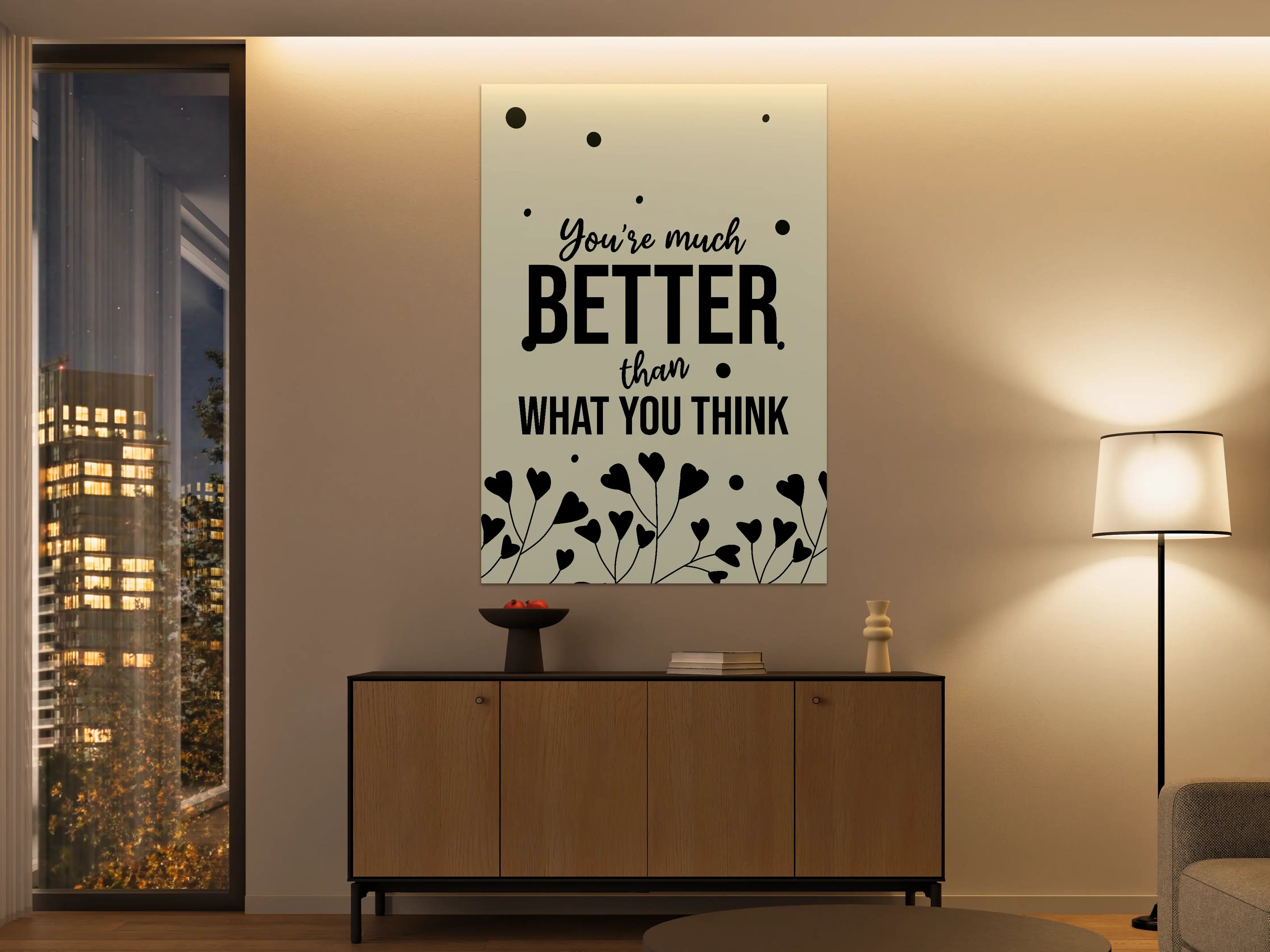 Große Wandbilder - Motivierendes Sprichwort mit Herzblumen