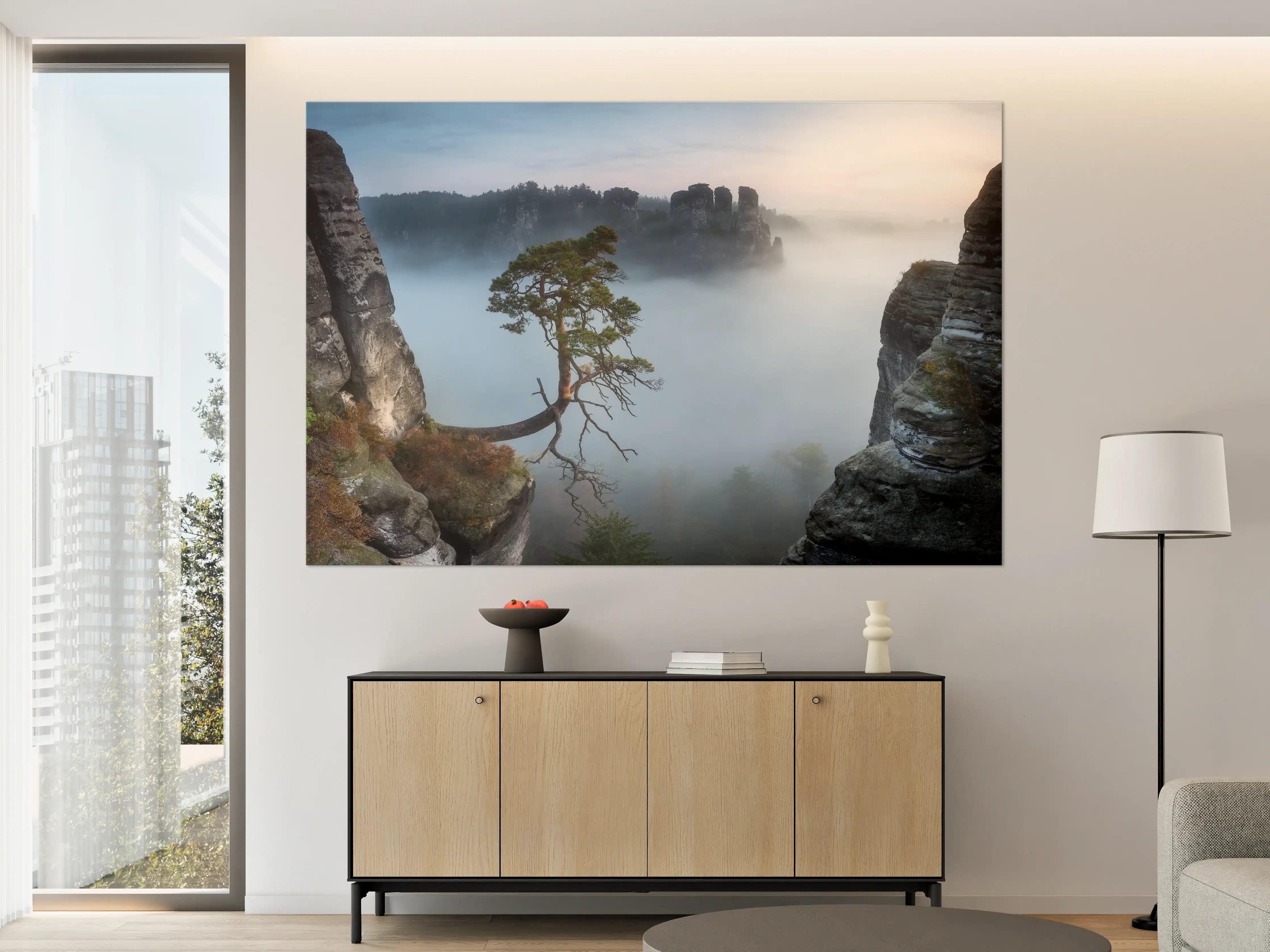 Große Wandbilder - Mystische Bergwelt mit Nebel und Felsen