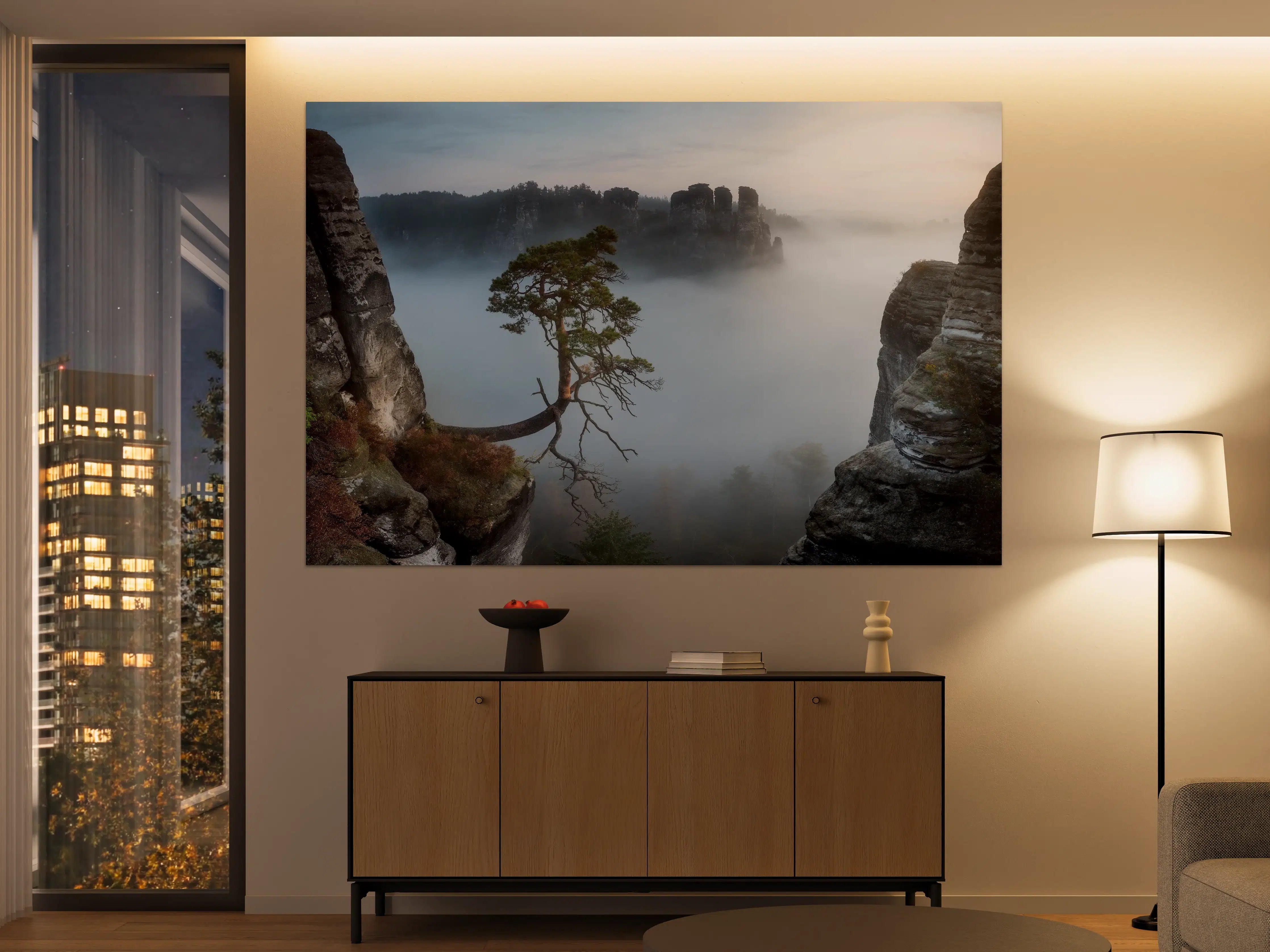 Große Wandbilder - Mystische Bergwelt mit Nebel und Felsen