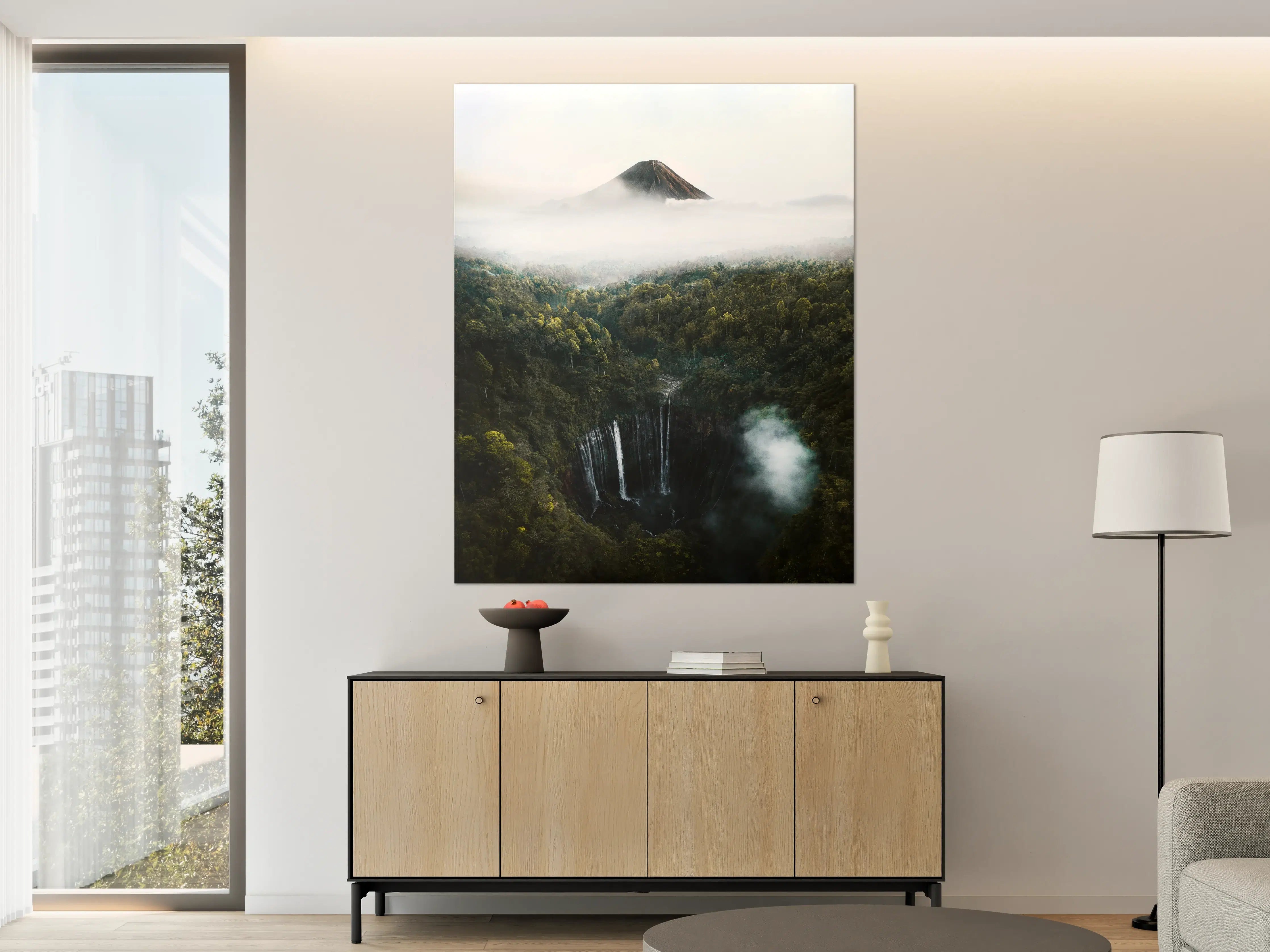 Große Wandbilder - Mystischer Vulkanausblick mit Wasserfall