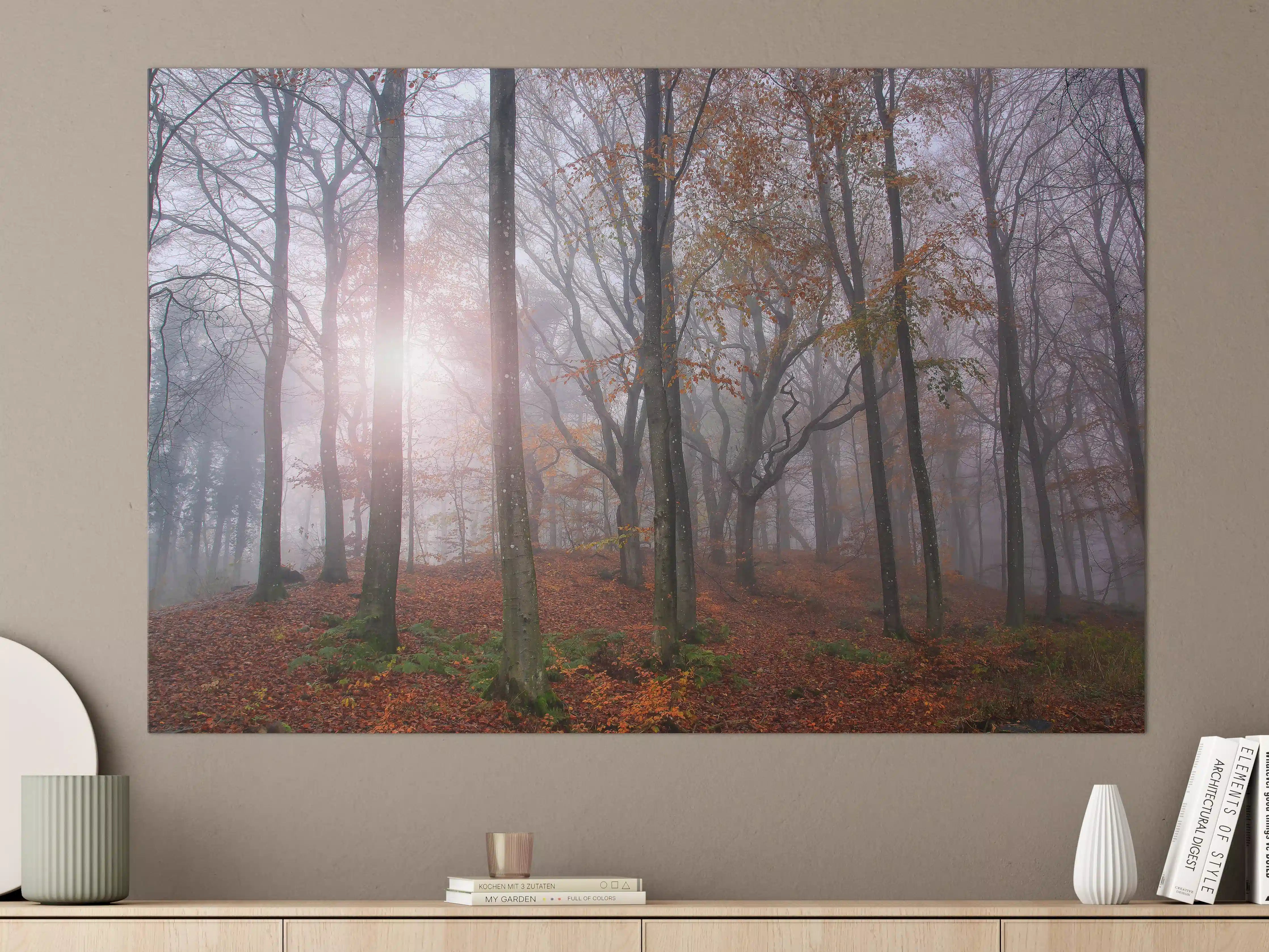 Große Wandbilder - Mystischer Wald im Nebel bei Sonnenaufgang