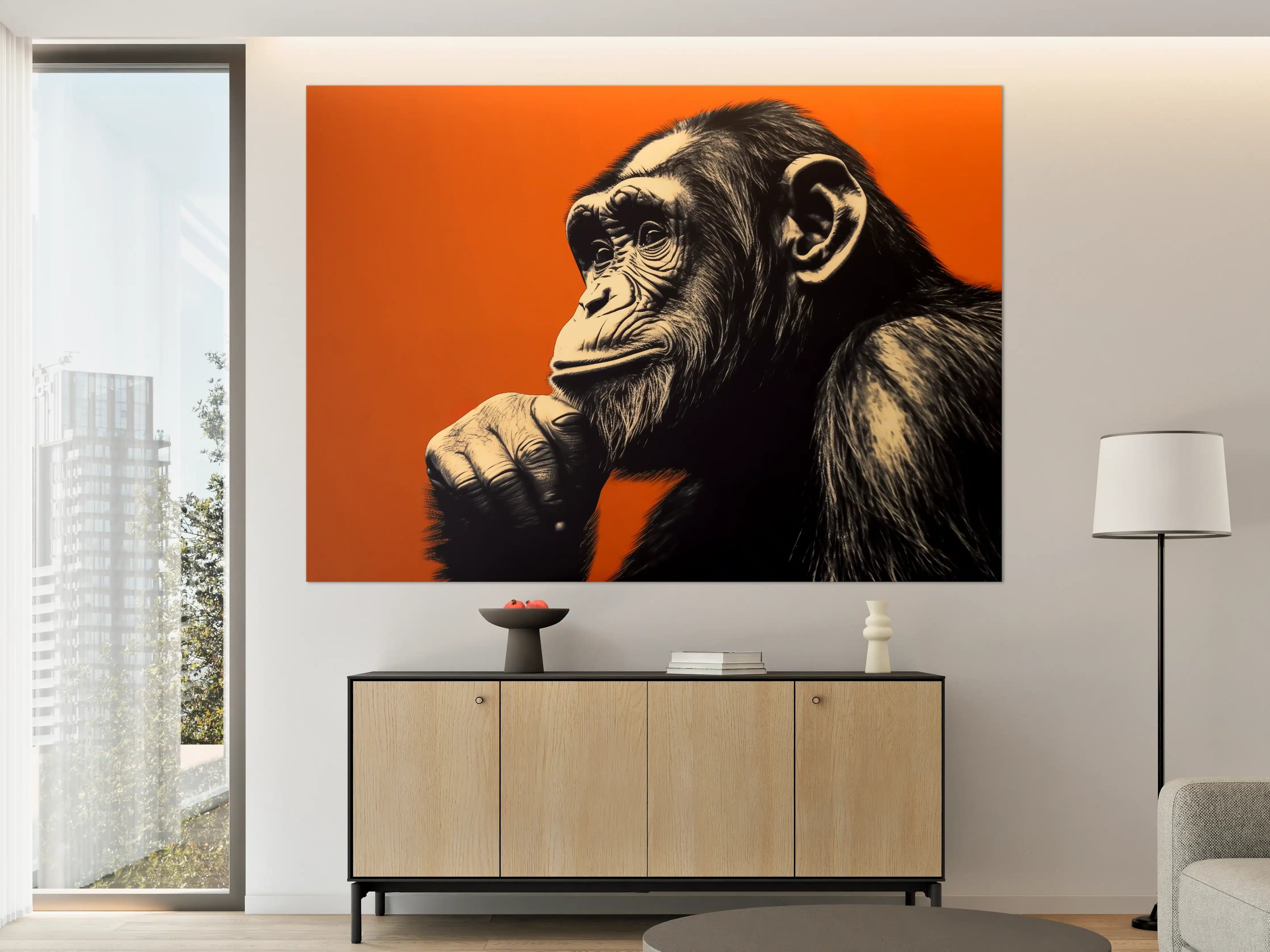 Große Wandbilder - Nachdenklicher Affe auf orangefarbenem Hintergrund