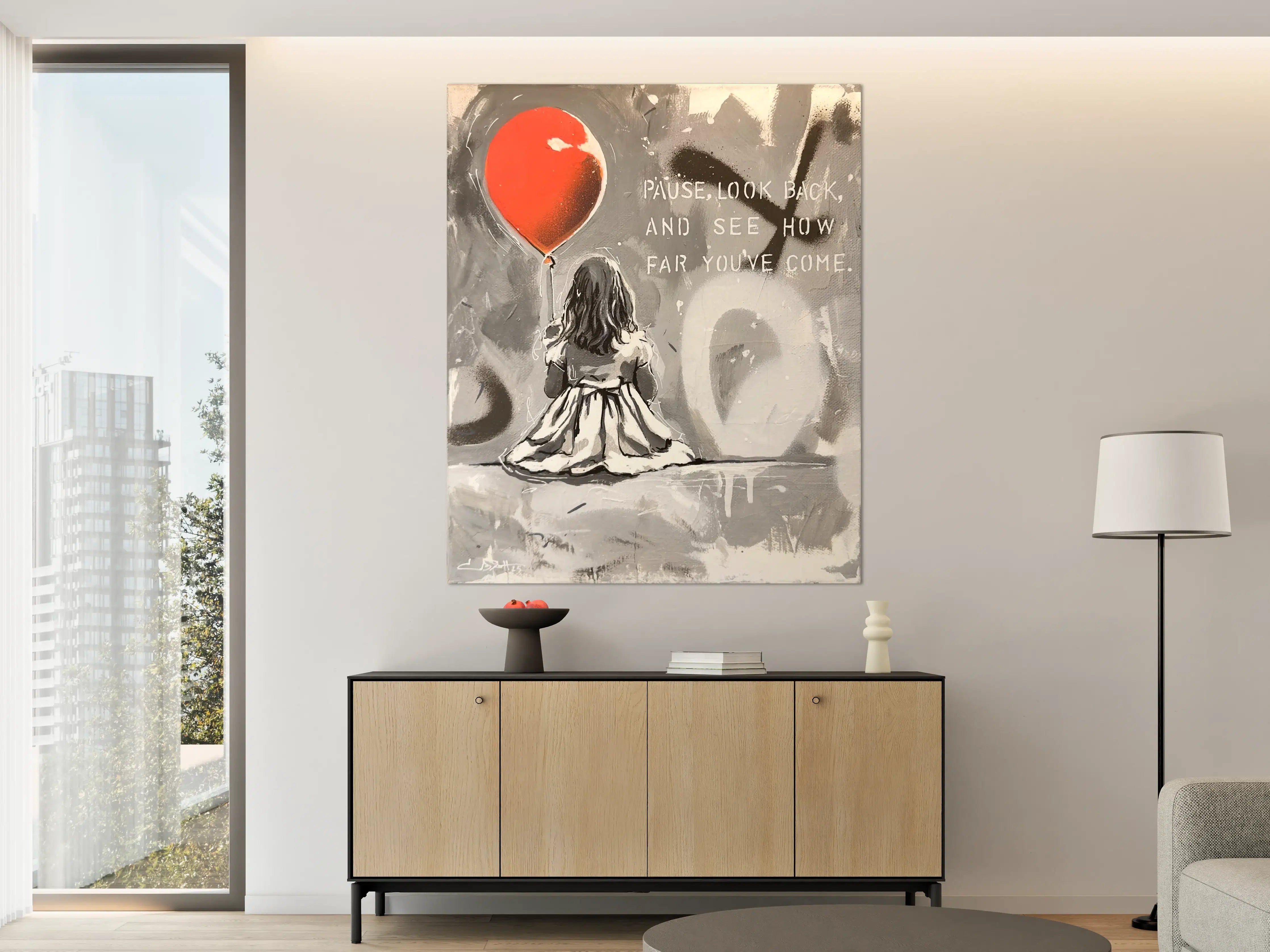 Große Wandbilder - Nachdenkliches Mädchen mit rotem Herzballon