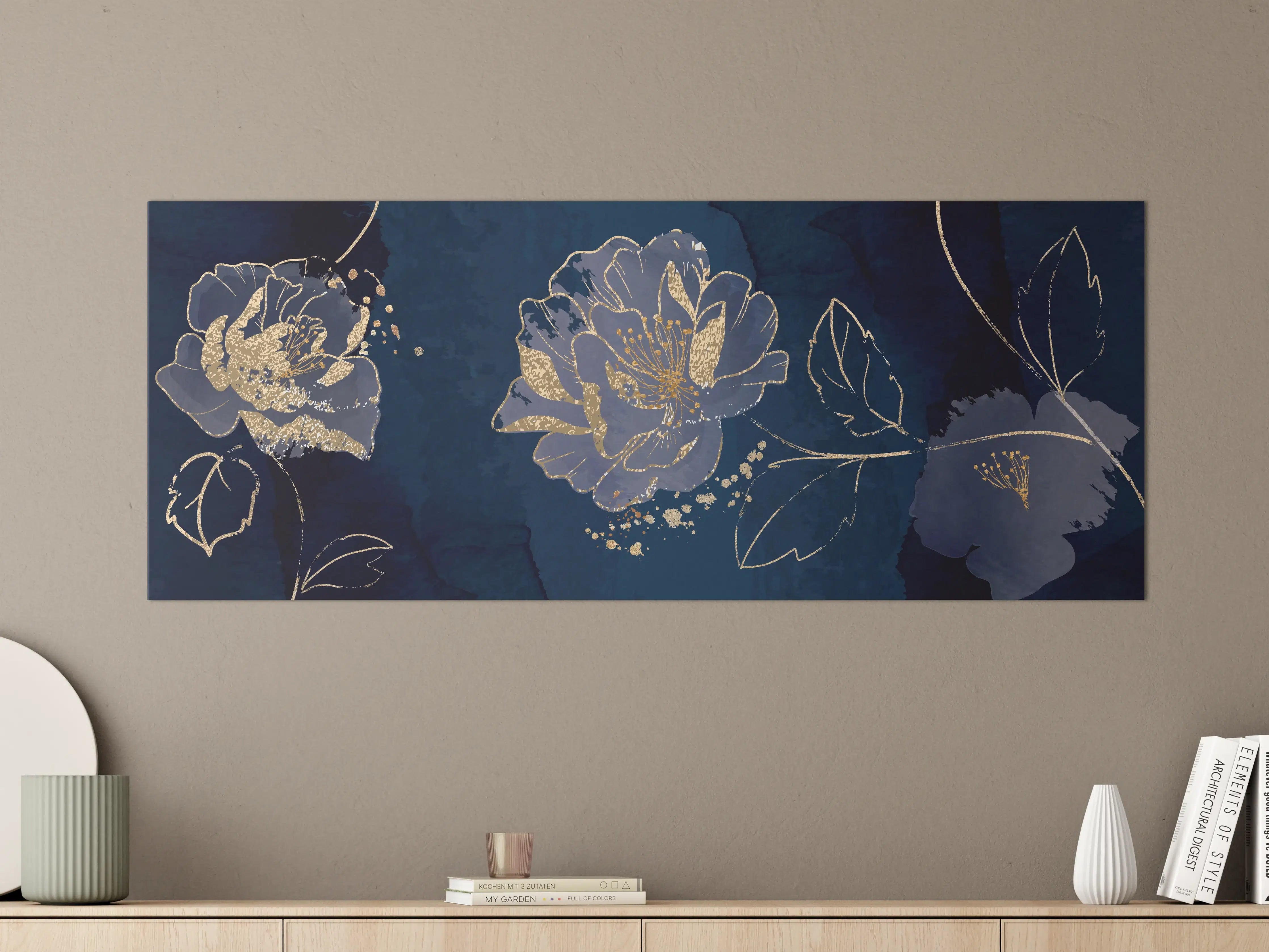 Große Wandbilder - Nachtblaue Blumen Goldakzente