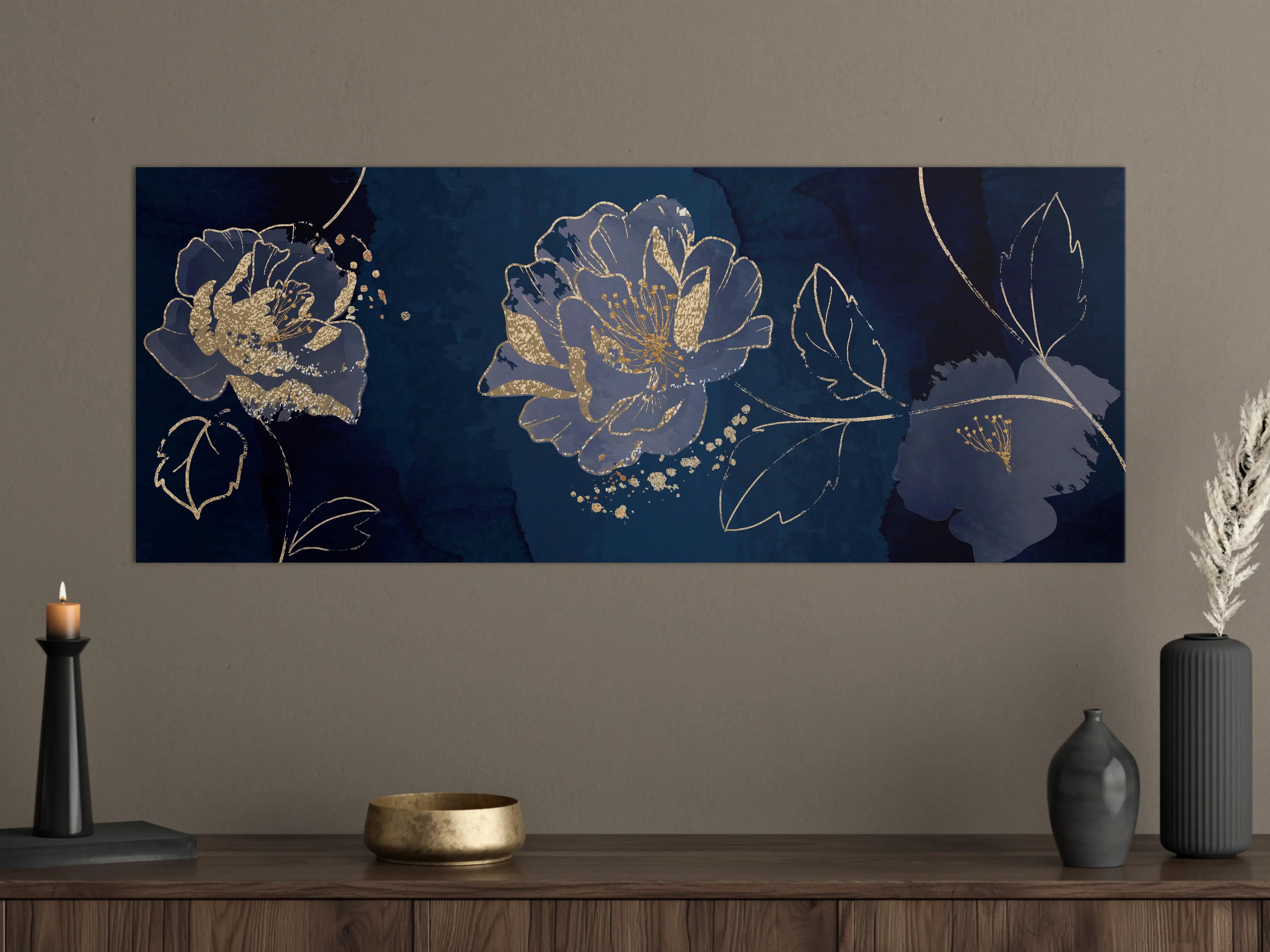 Große Wandbilder - Nachtblaue Blumen Goldakzente