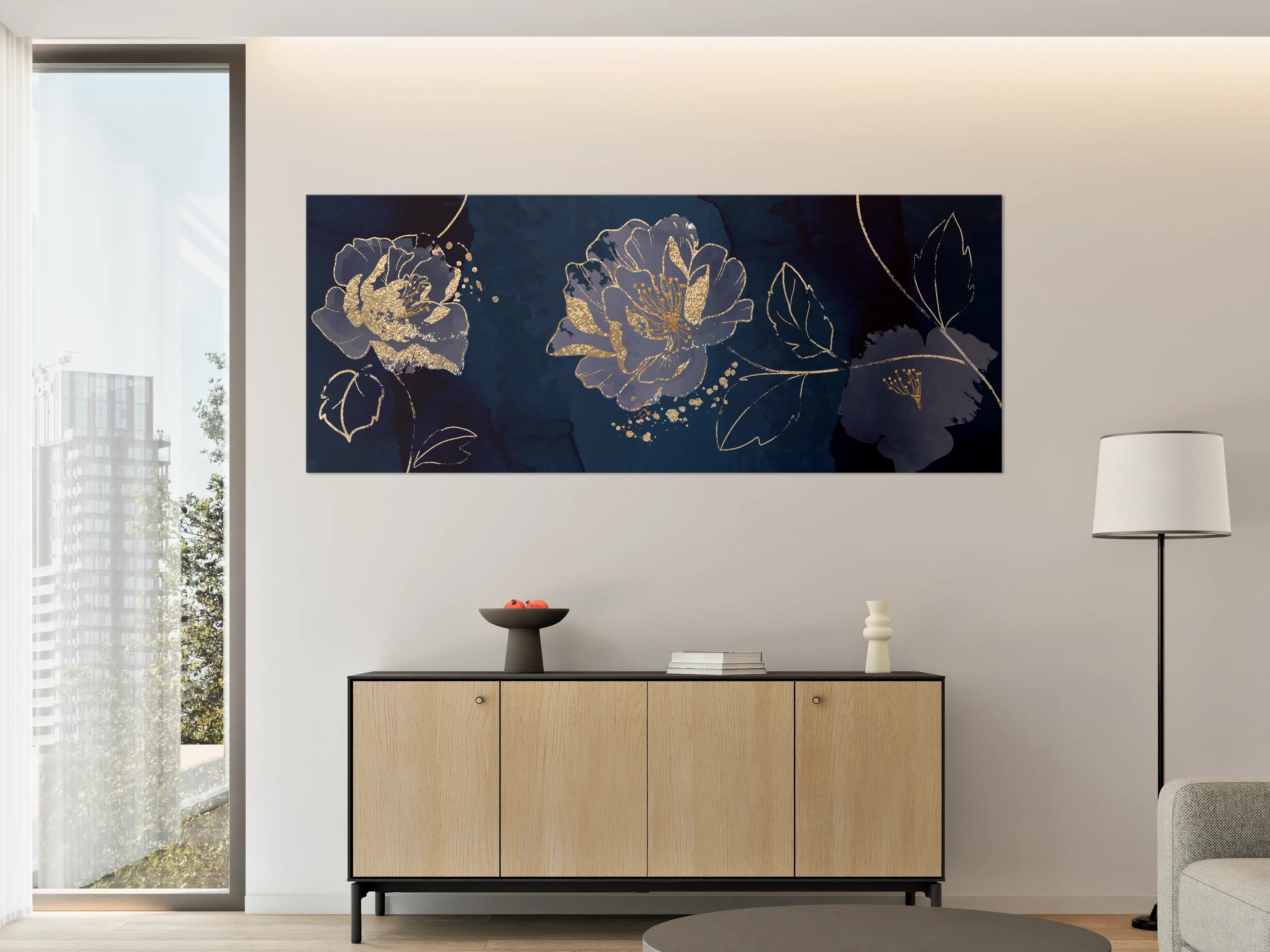 Große Wandbilder - Nachtblaue Blumen Goldakzente