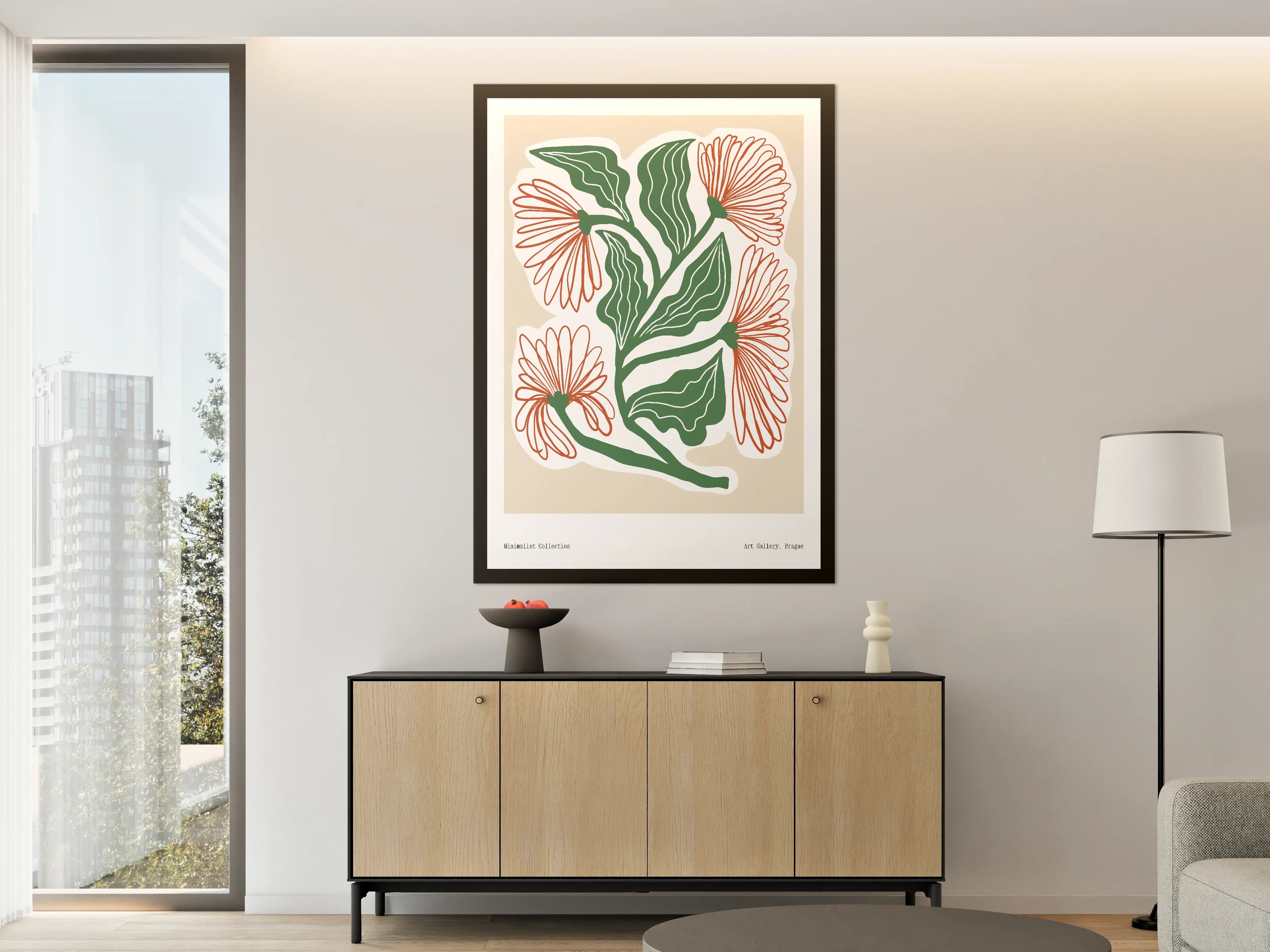 Große Wandbilder - Nahtlose Blumenillustration mit grünen Blättern und orangefarbenen Blüten