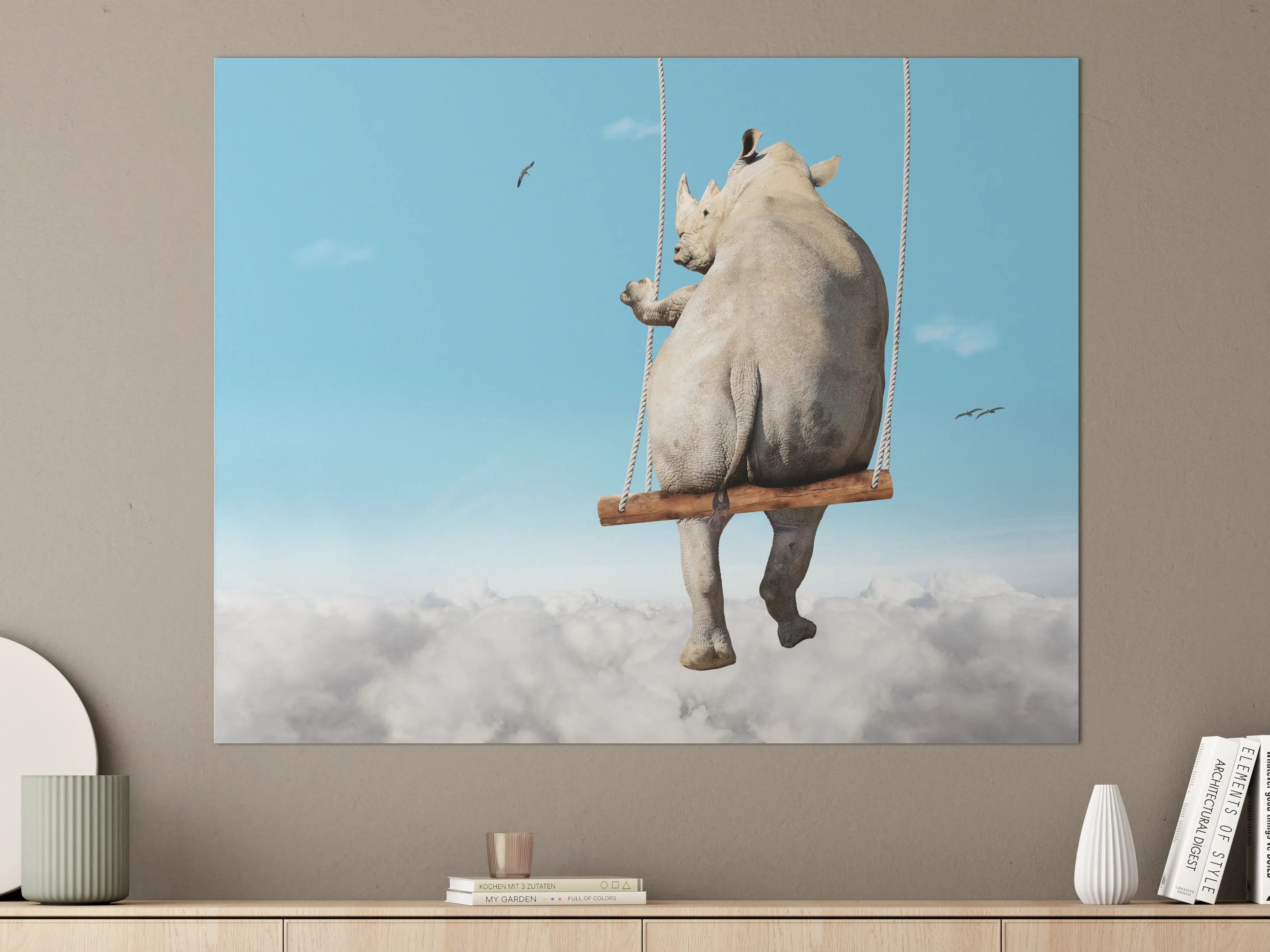 Große Wandbilder - Nashorn schaukelt über den Wolken