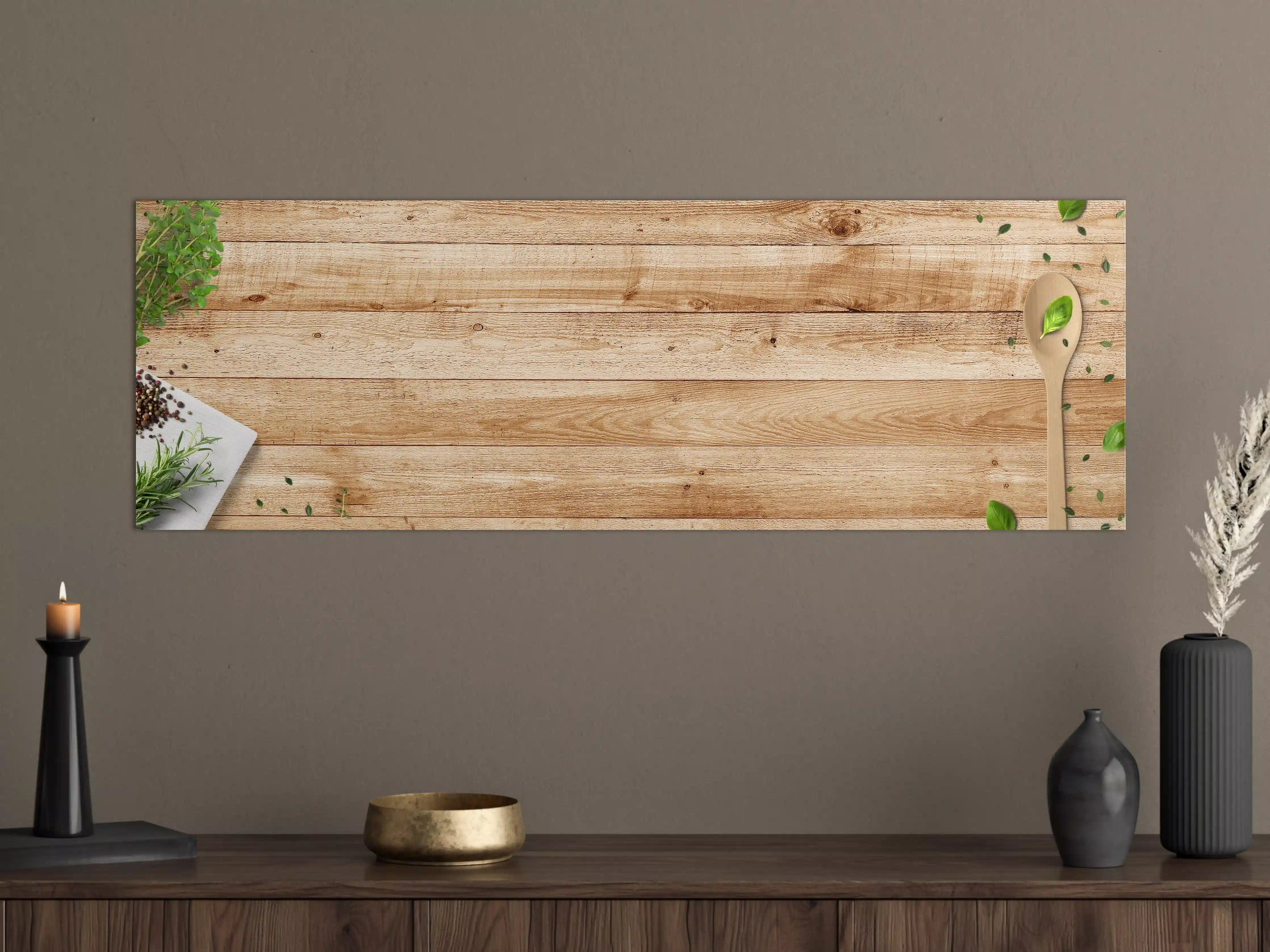 Große Wandbilder - Natürliche Holztischplatte mit Pflanzenakzenten