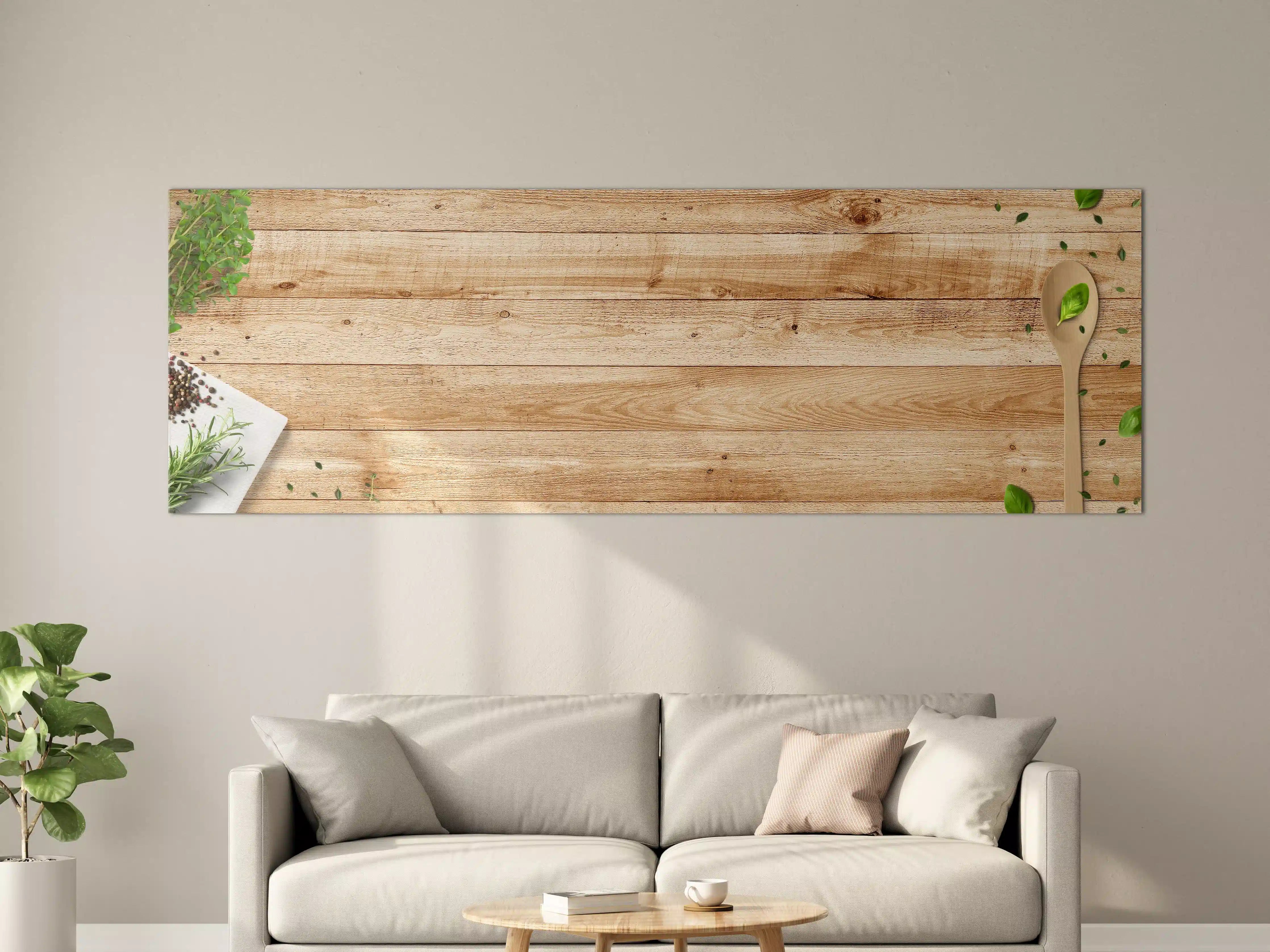 Große Wandbilder - Natürliche Holztischplatte mit Pflanzenakzenten