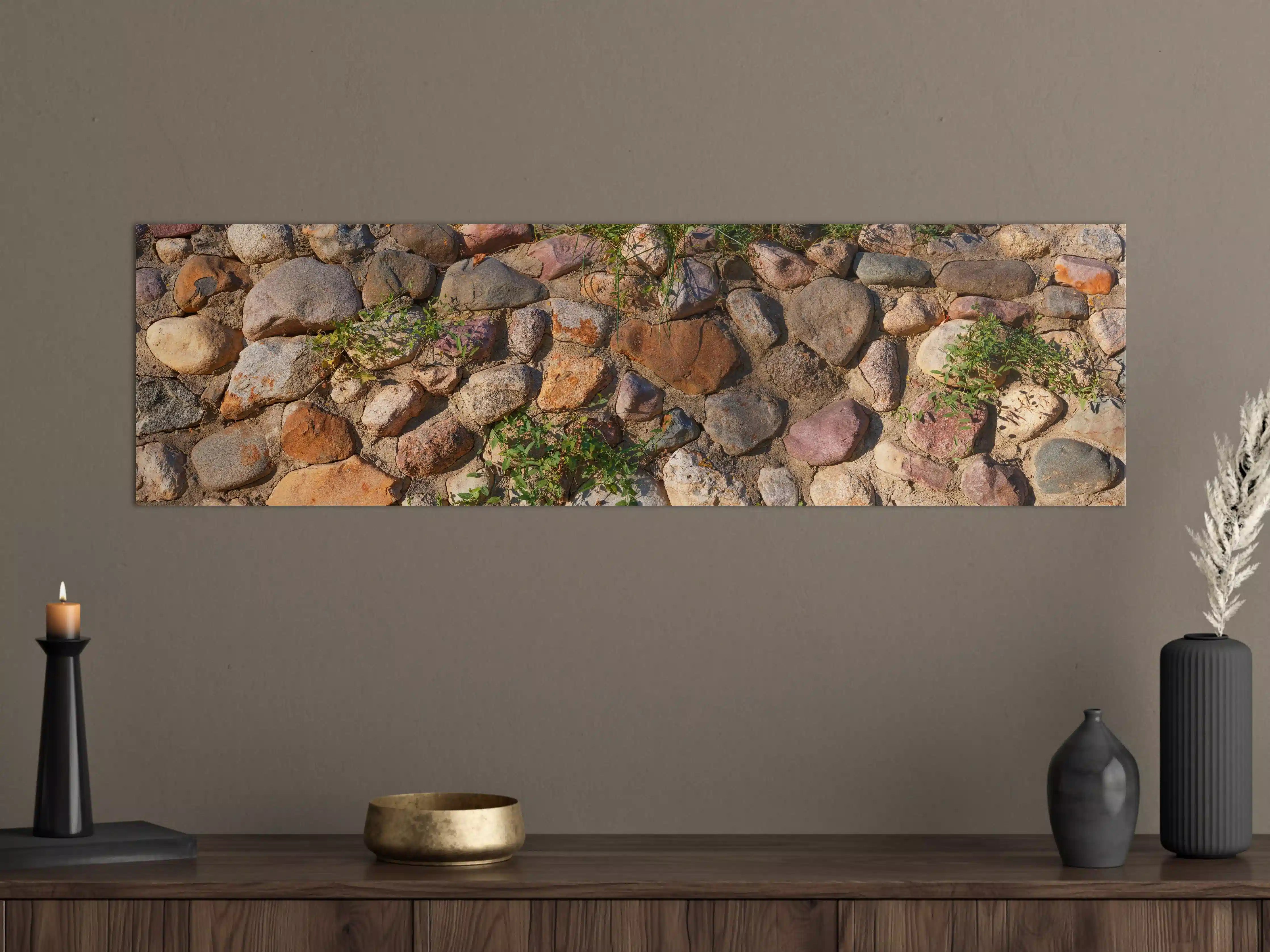 Große Wandbilder - Natürliche Steinmauer mit bunten Kieseln
