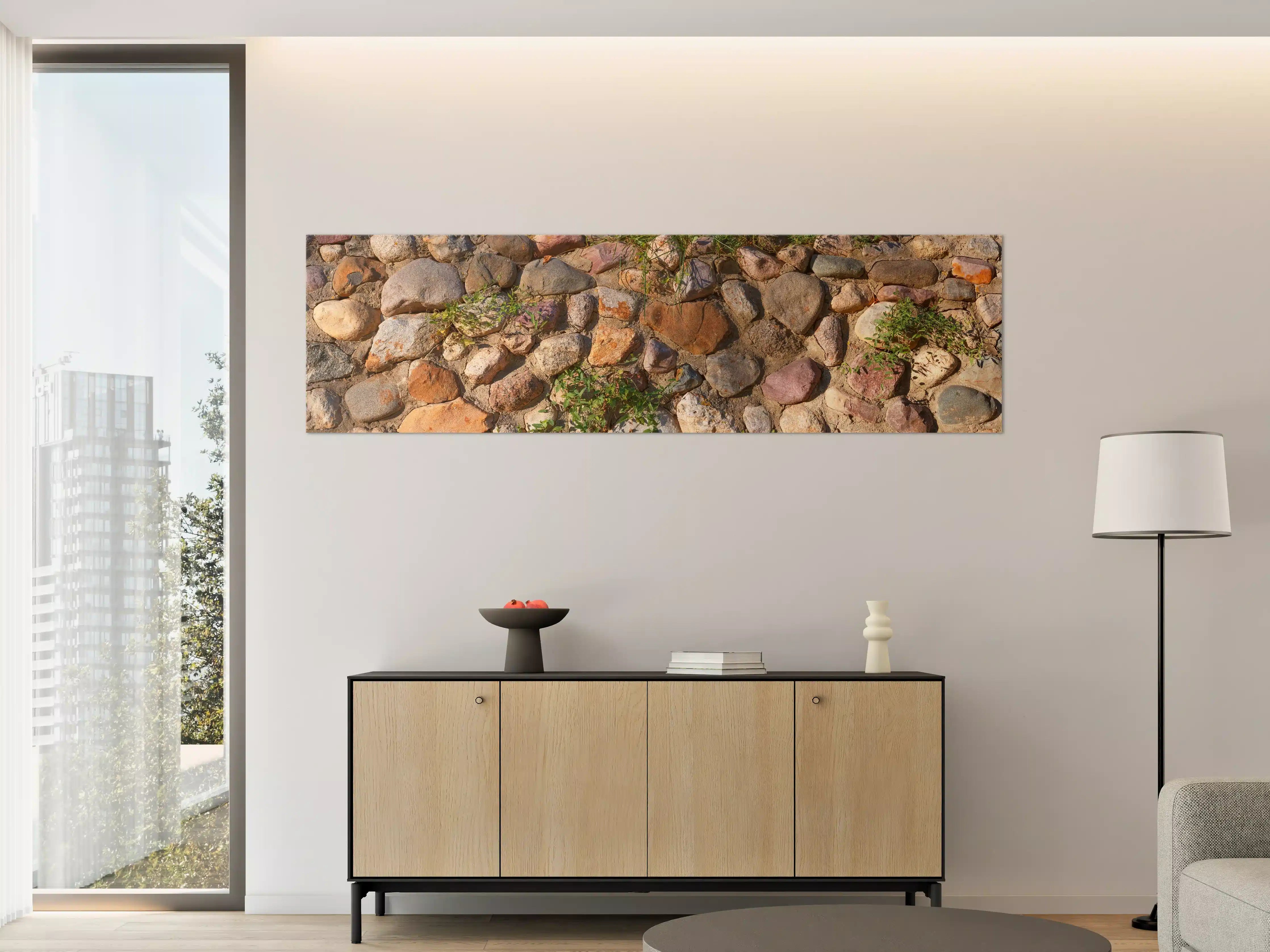 Große Wandbilder - Natürliche Steinmauer mit bunten Kieseln
