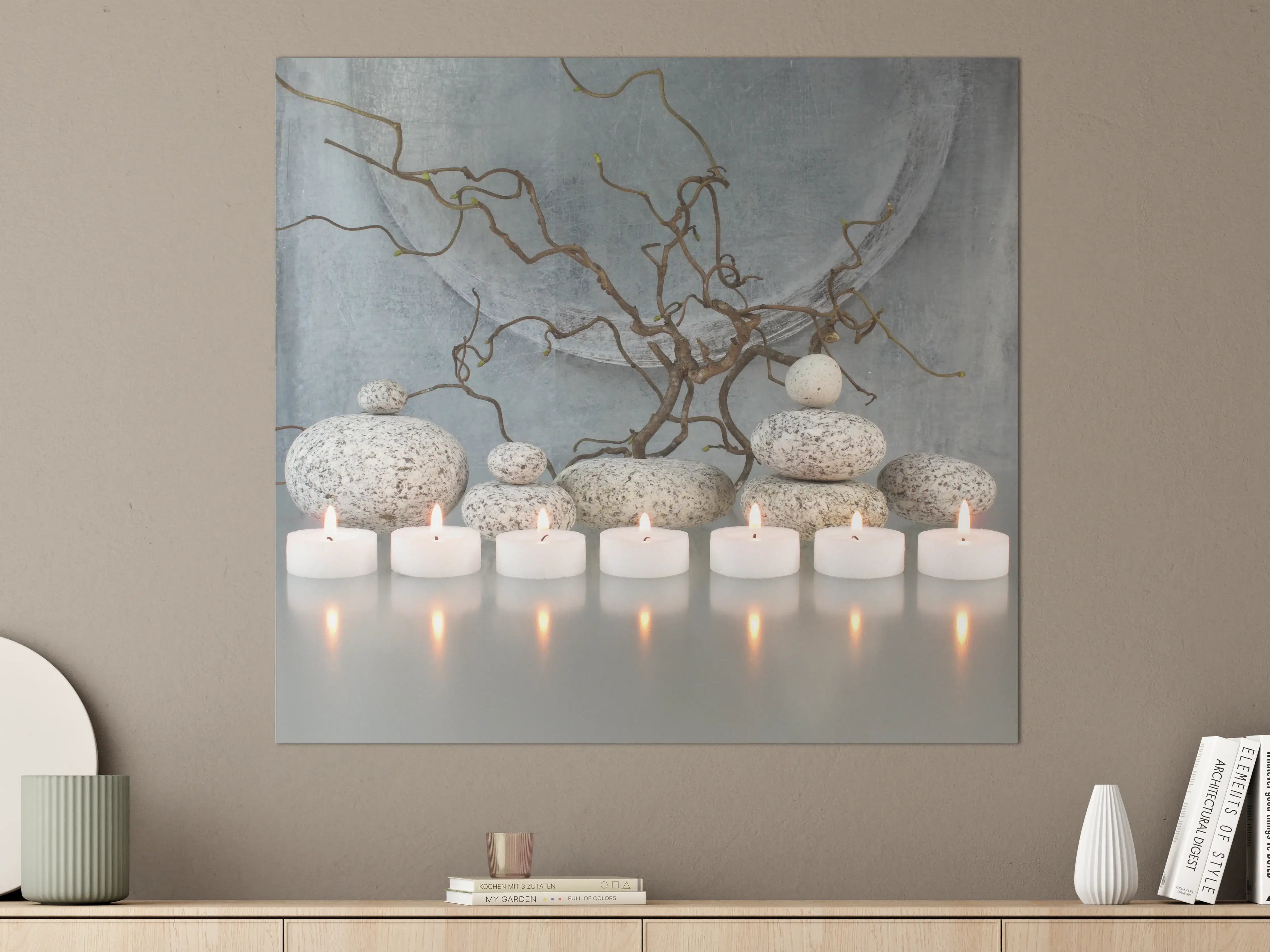 Große Wandbilder - Naturstein-Arrangement mit brennenden Teelichtern