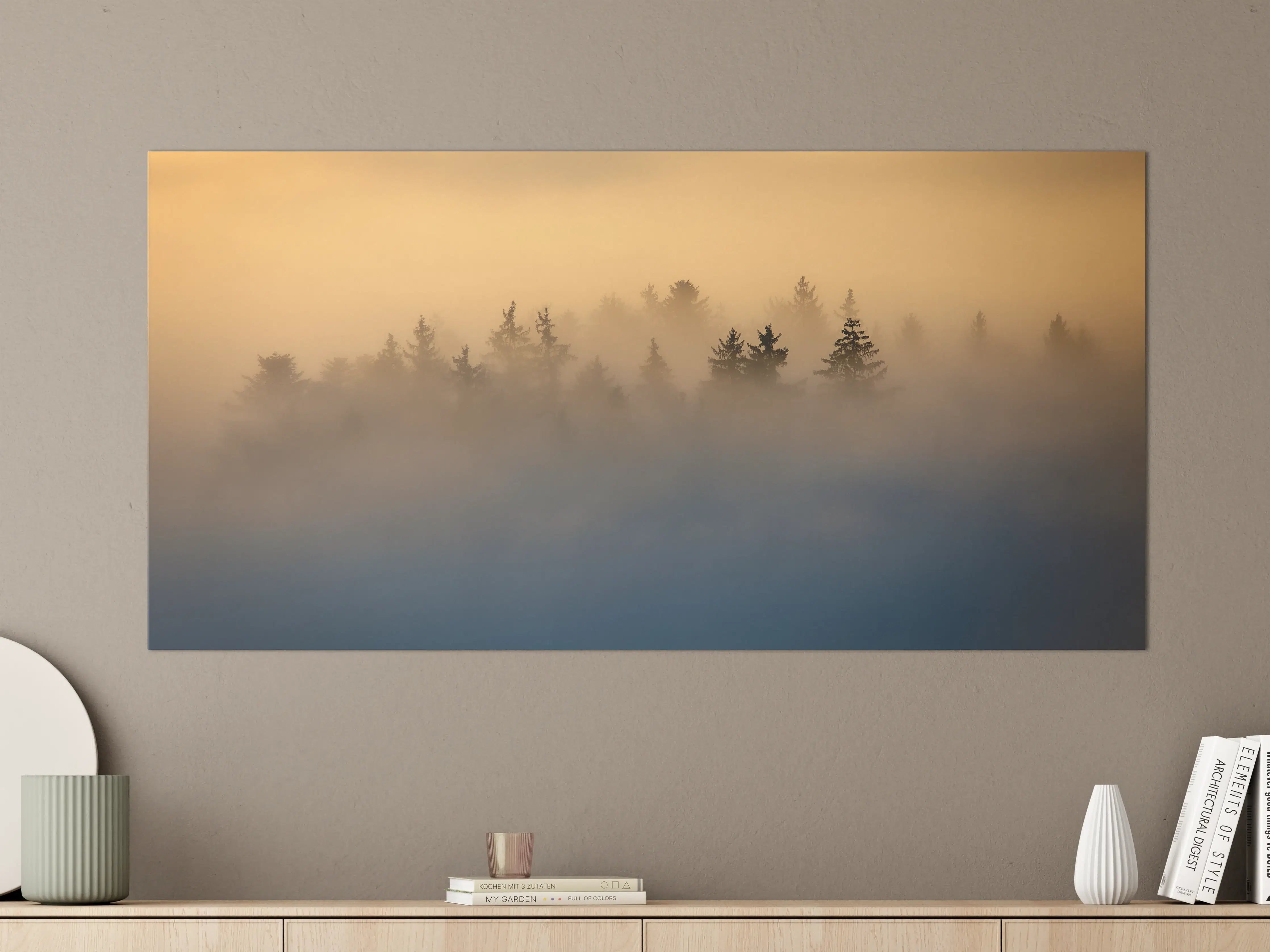 Große Wandbilder - Nebel über Baumkronen bei Sonnenaufgang