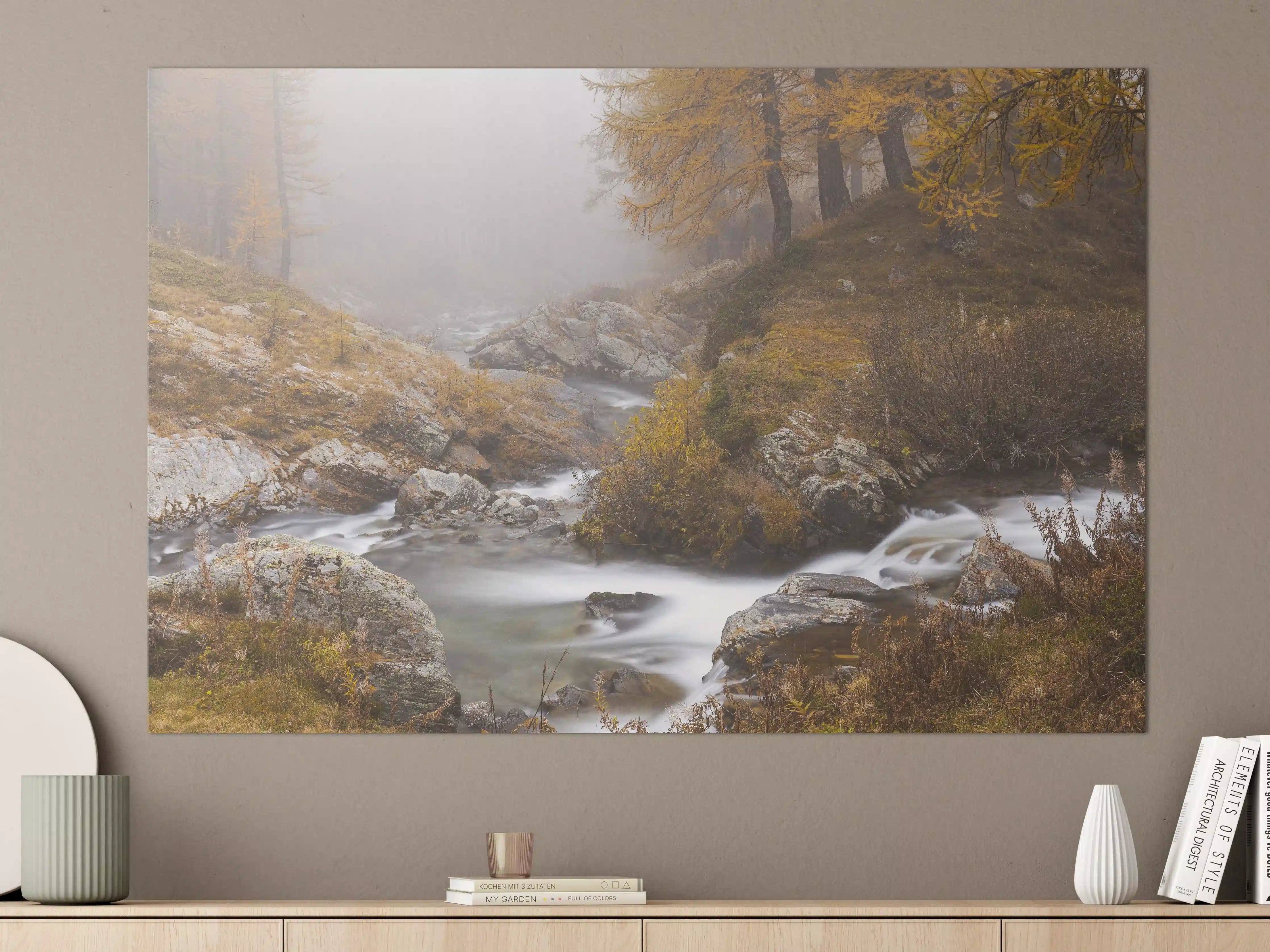 Große Wandbilder - Nebelige Flusslandschaft mit Herbstfarben