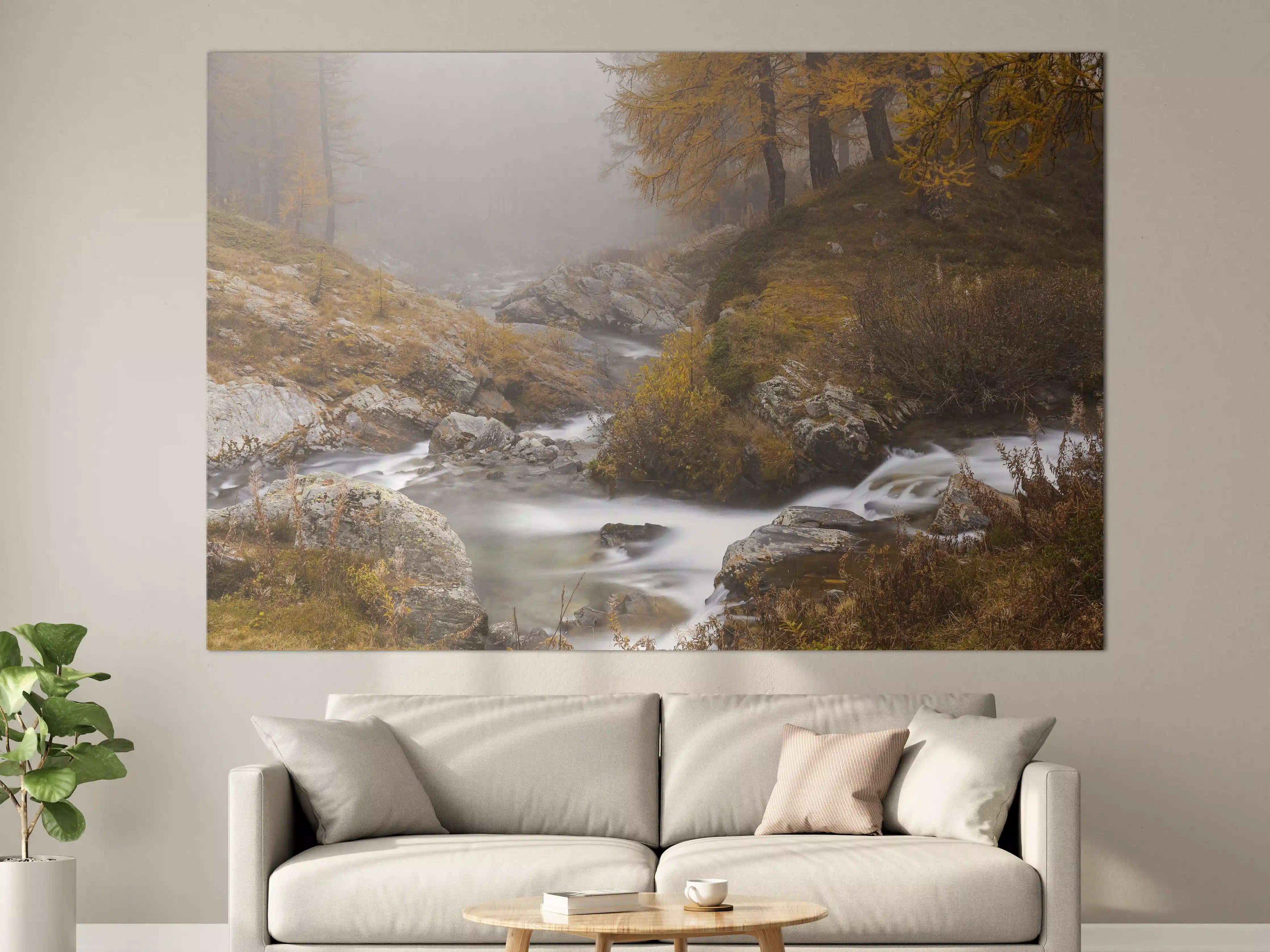 Große Wandbilder - Nebelige Flusslandschaft mit Herbstfarben