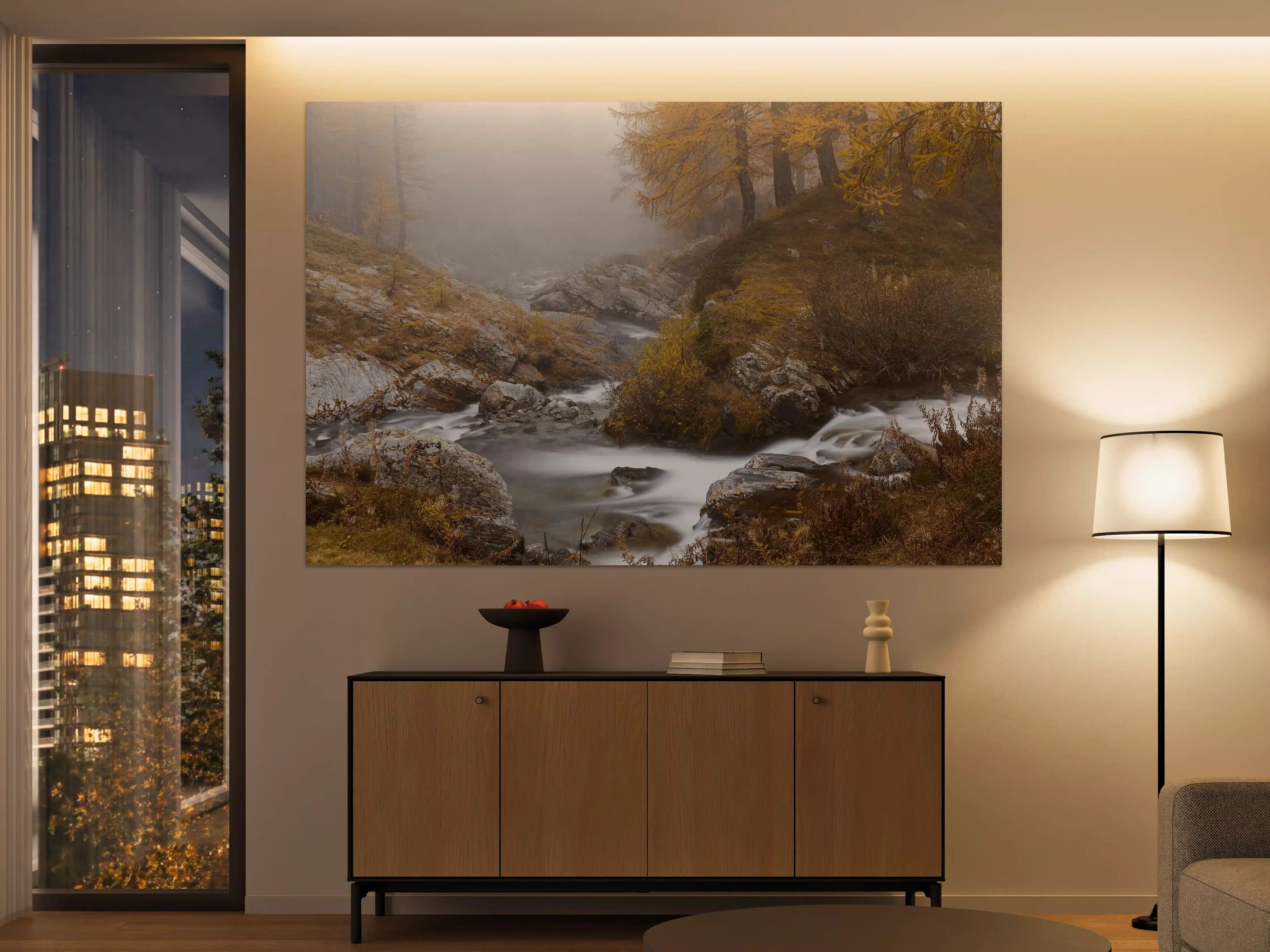 Große Wandbilder - Nebelige Flusslandschaft mit Herbstfarben