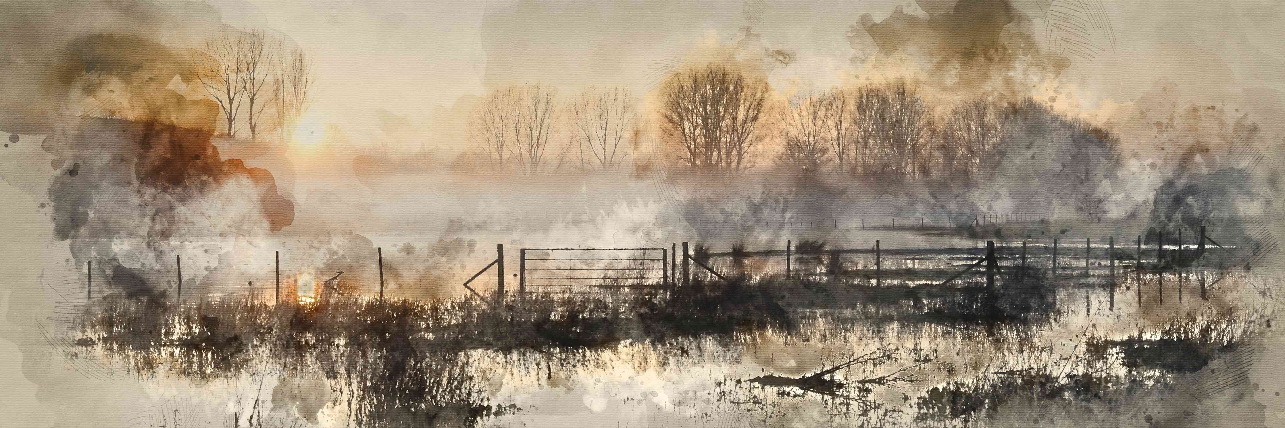 Große Wandbilder-Nebelige Landschaft mit Baumreihe und Wasser