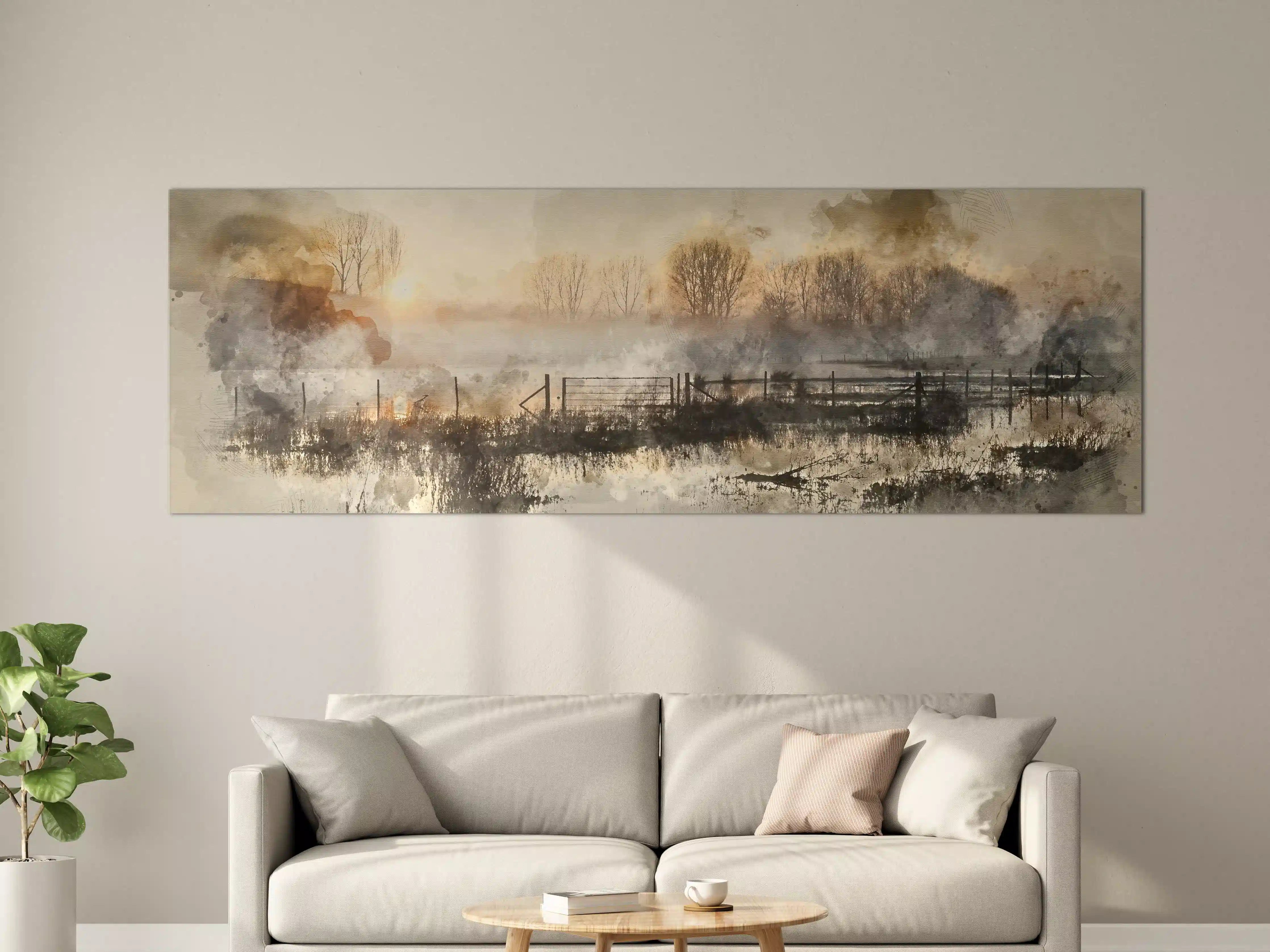 Große Wandbilder - Nebelige Landschaft mit Baumreihe und Wasser