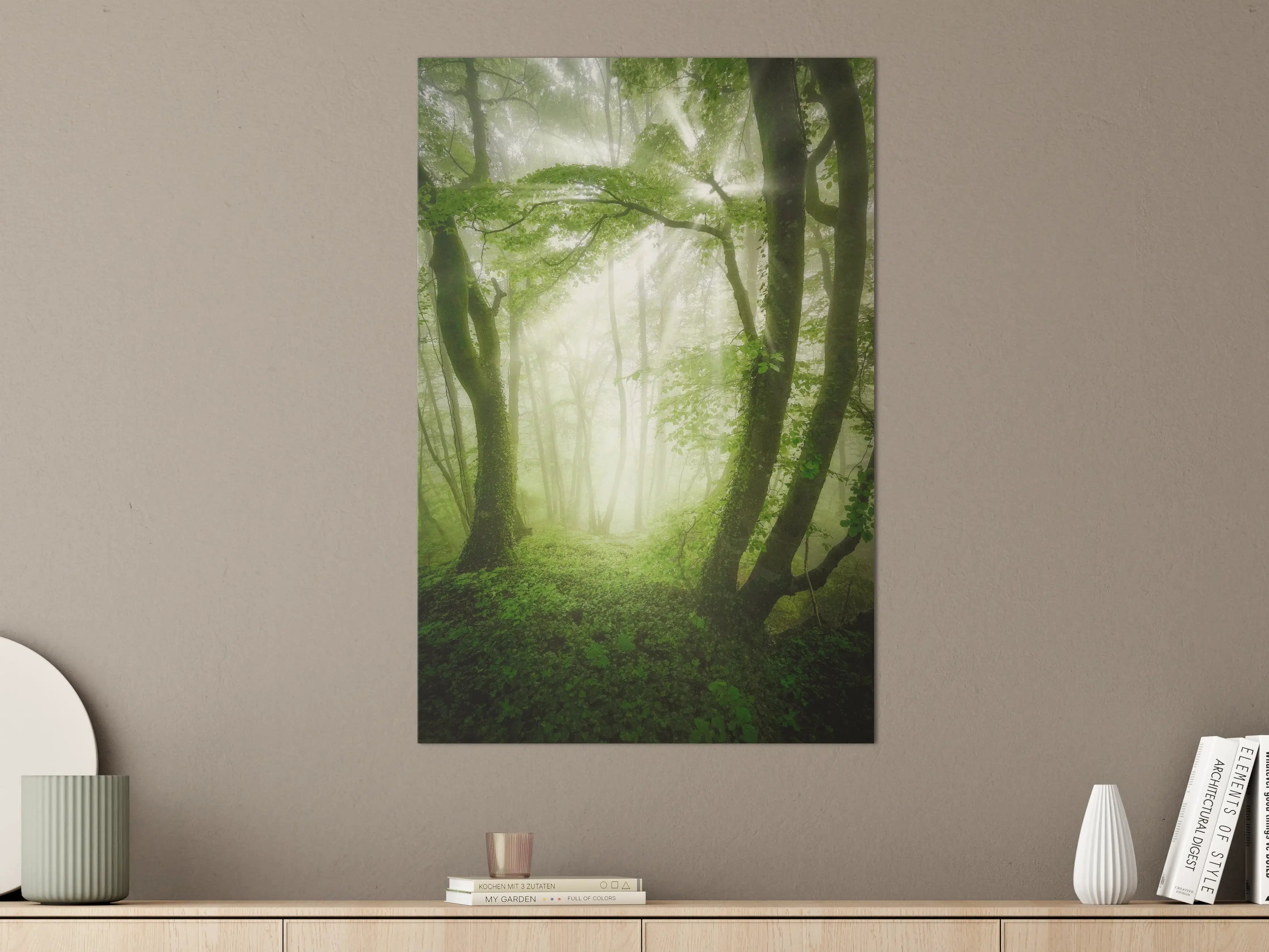 Große Wandbilder - Nebeliger Wald mit grünen Blättern