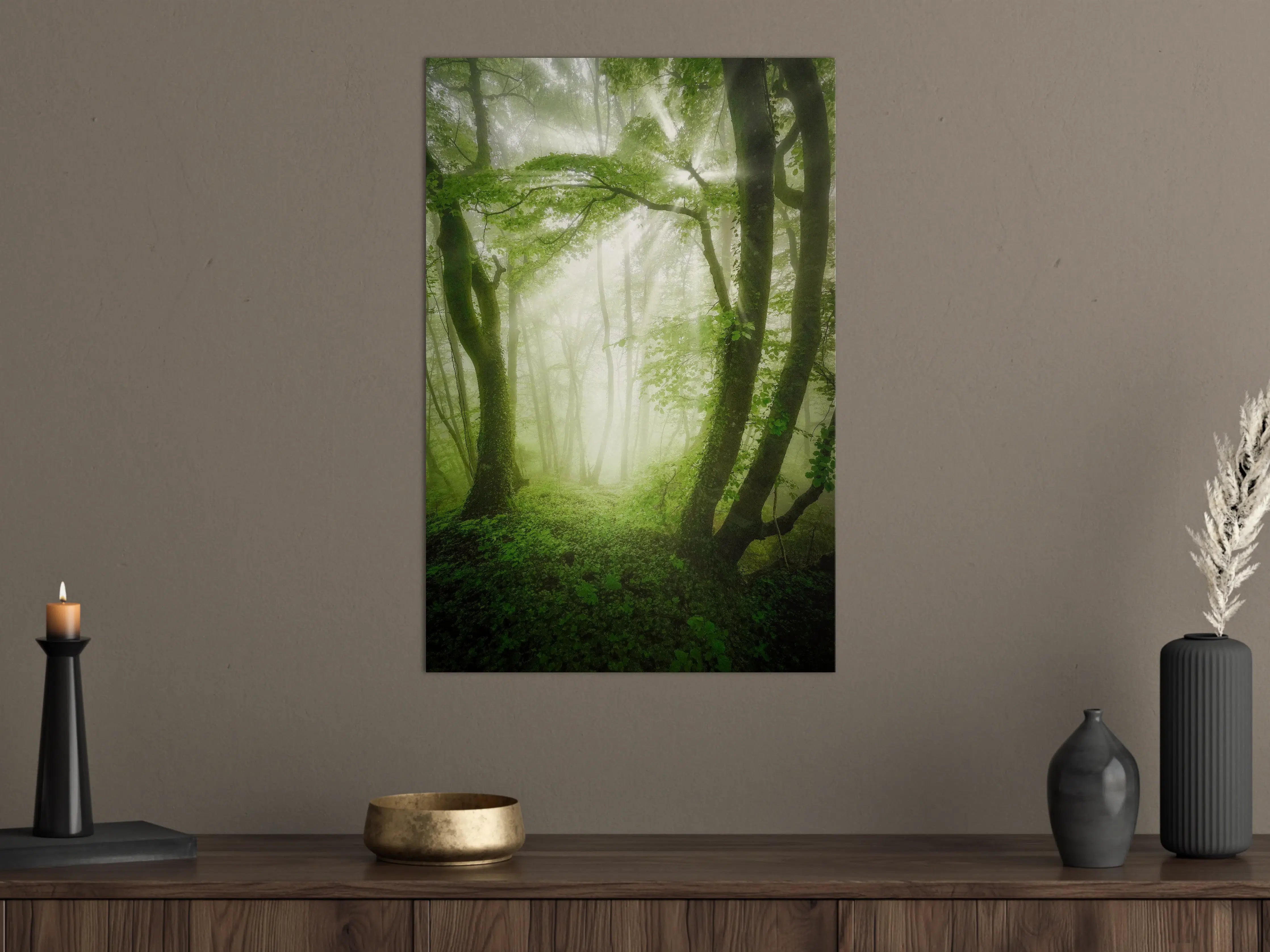Große Wandbilder - Nebeliger Wald mit grünen Blättern