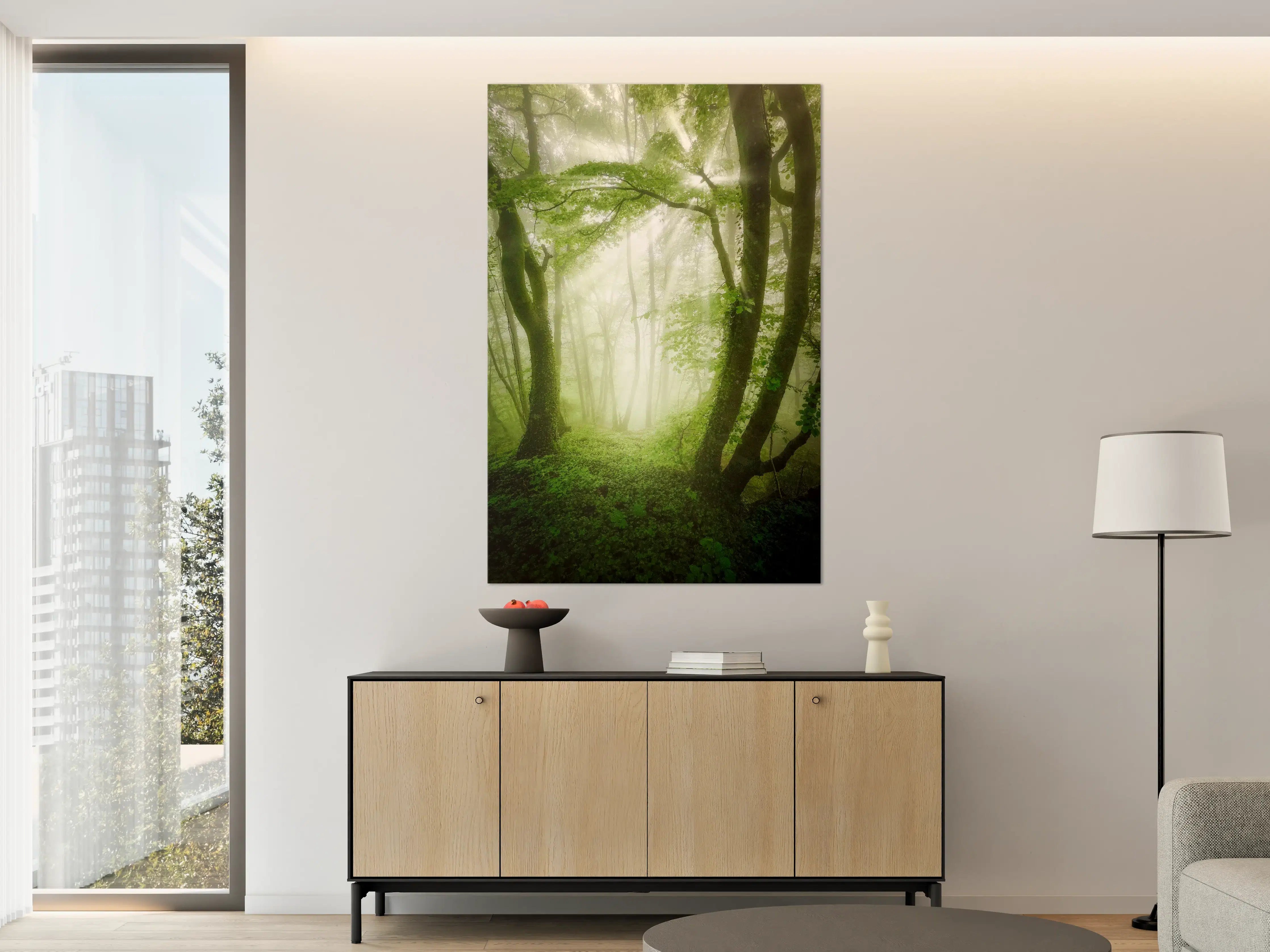 Große Wandbilder - Nebeliger Wald mit grünen Blättern