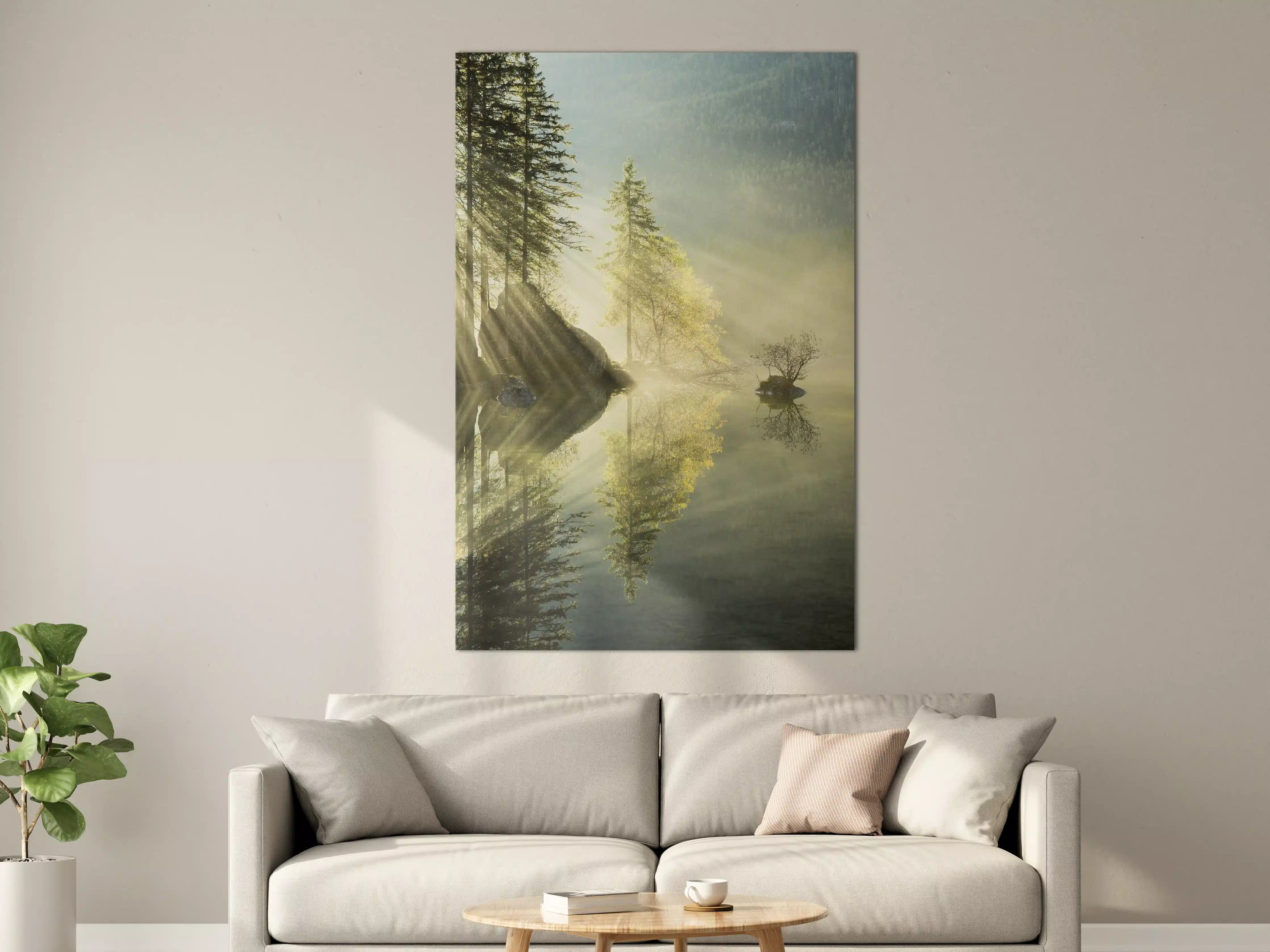 Große Wandbilder - Nebeliger Waldsee bei Sonnenaufgang