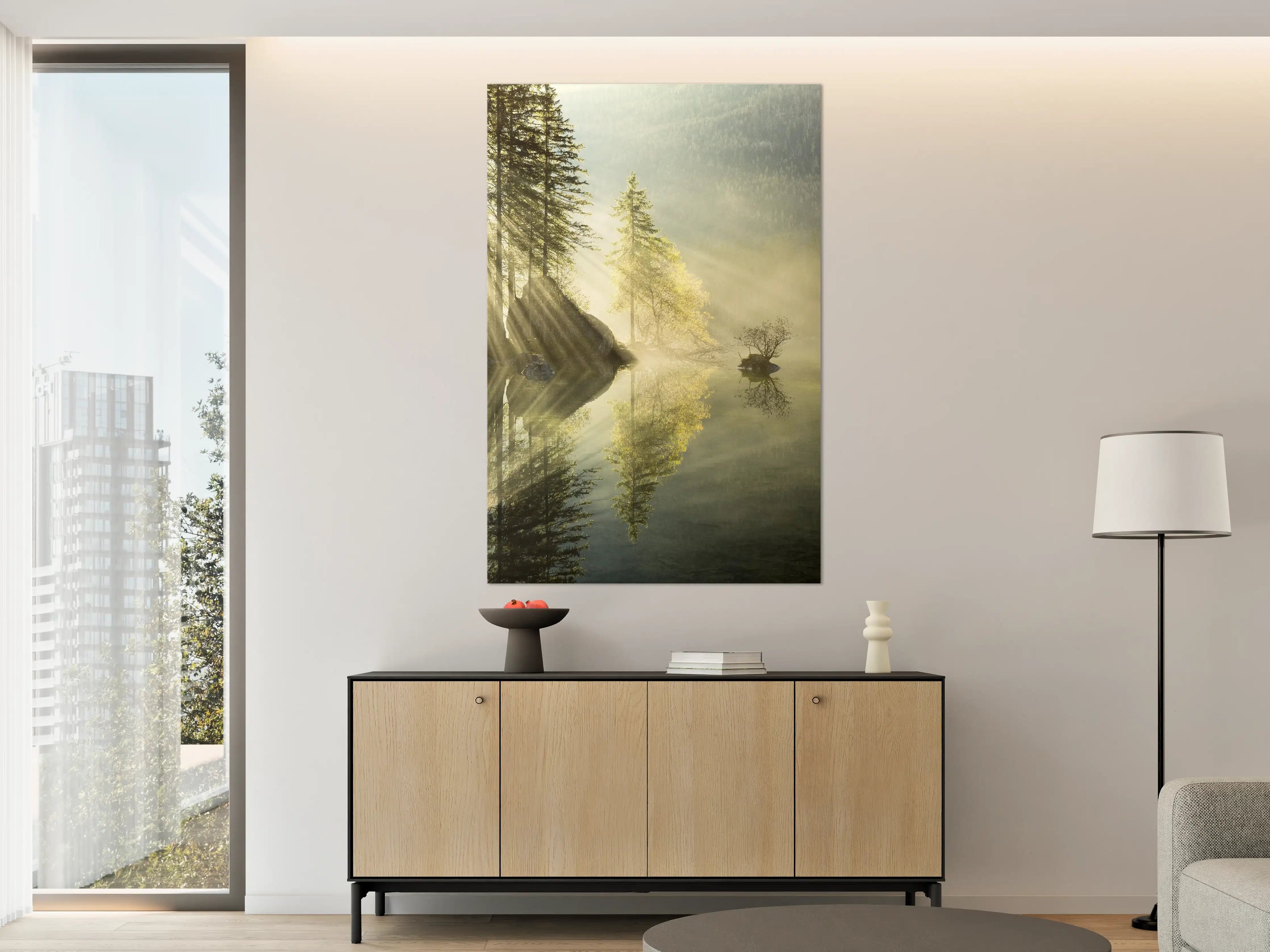 Große Wandbilder - Nebeliger Waldsee bei Sonnenaufgang