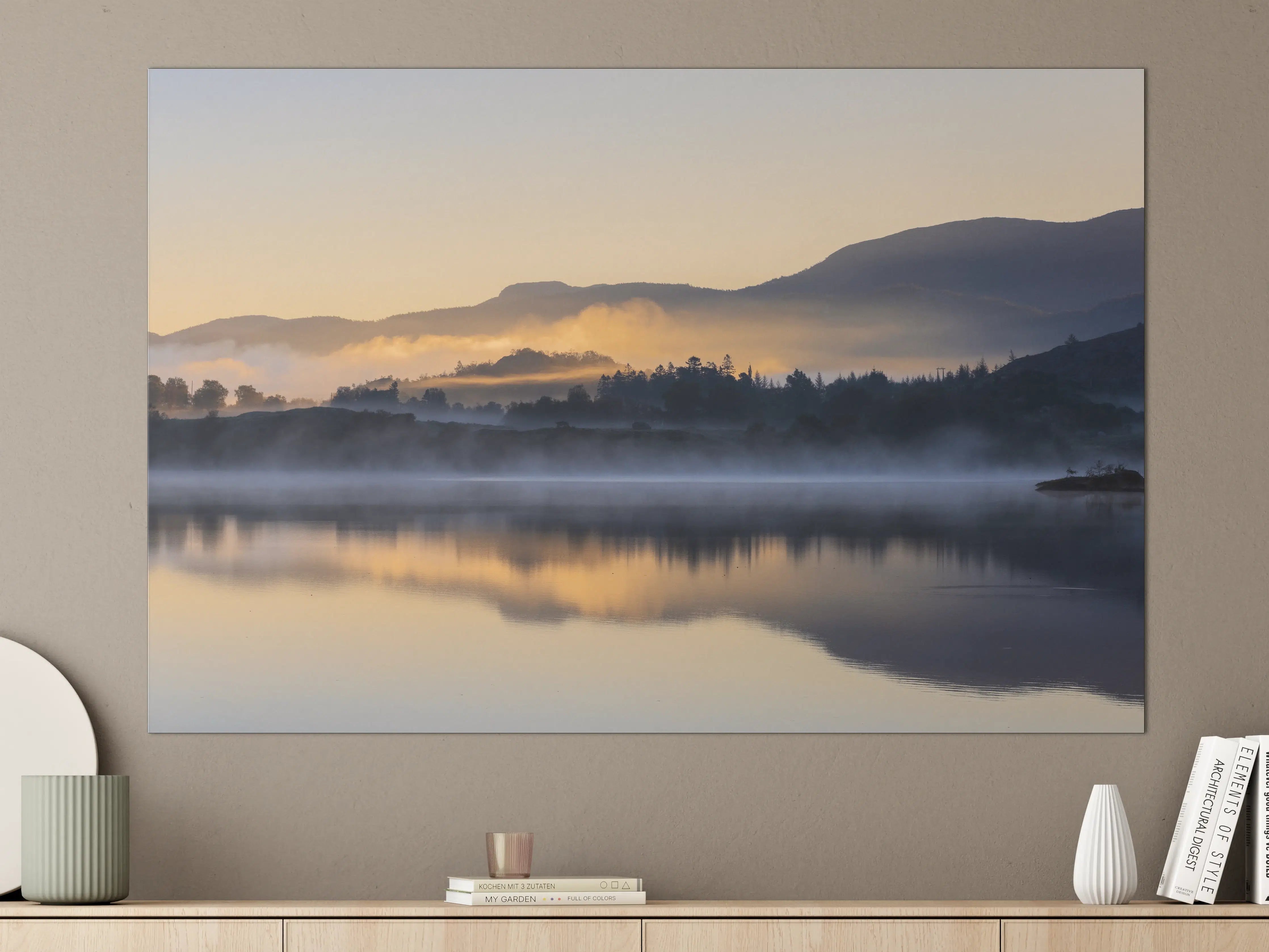 Große Wandbilder - Nebellandschaft am See bei Sonnenaufgang