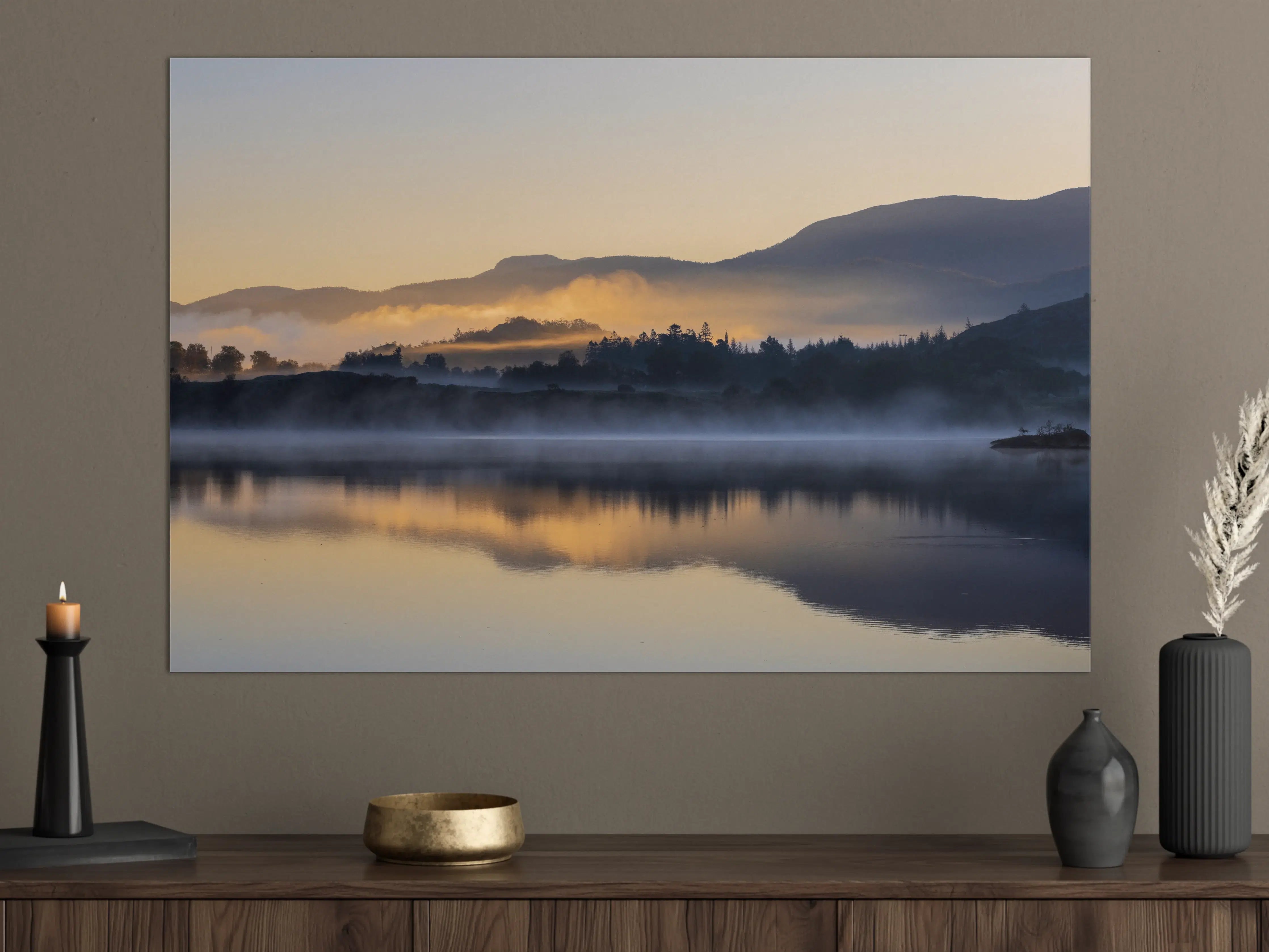 Große Wandbilder - Nebellandschaft am See bei Sonnenaufgang
