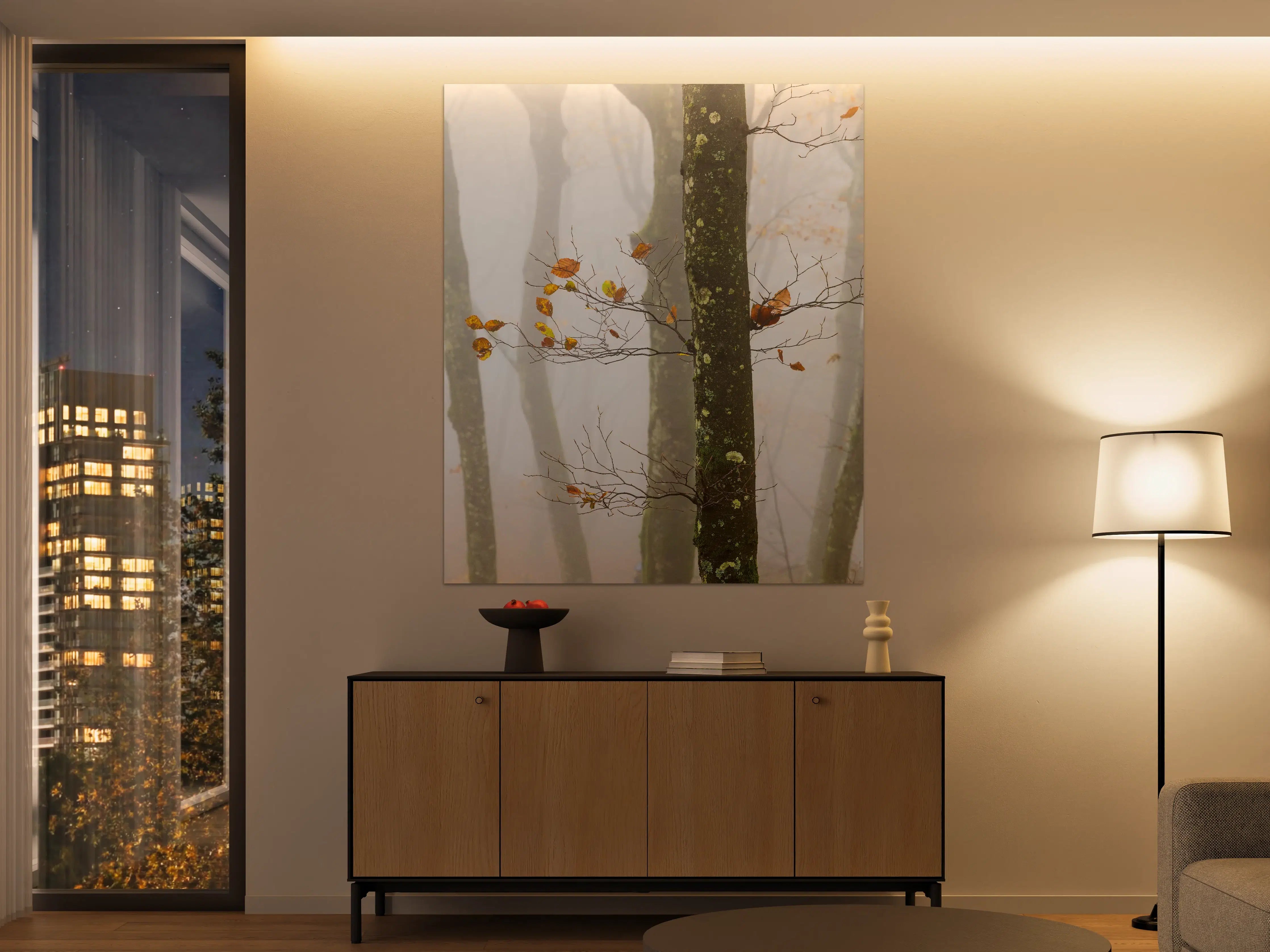 Große Wandbilder - Nebelwald mit herbstlichen Blättern