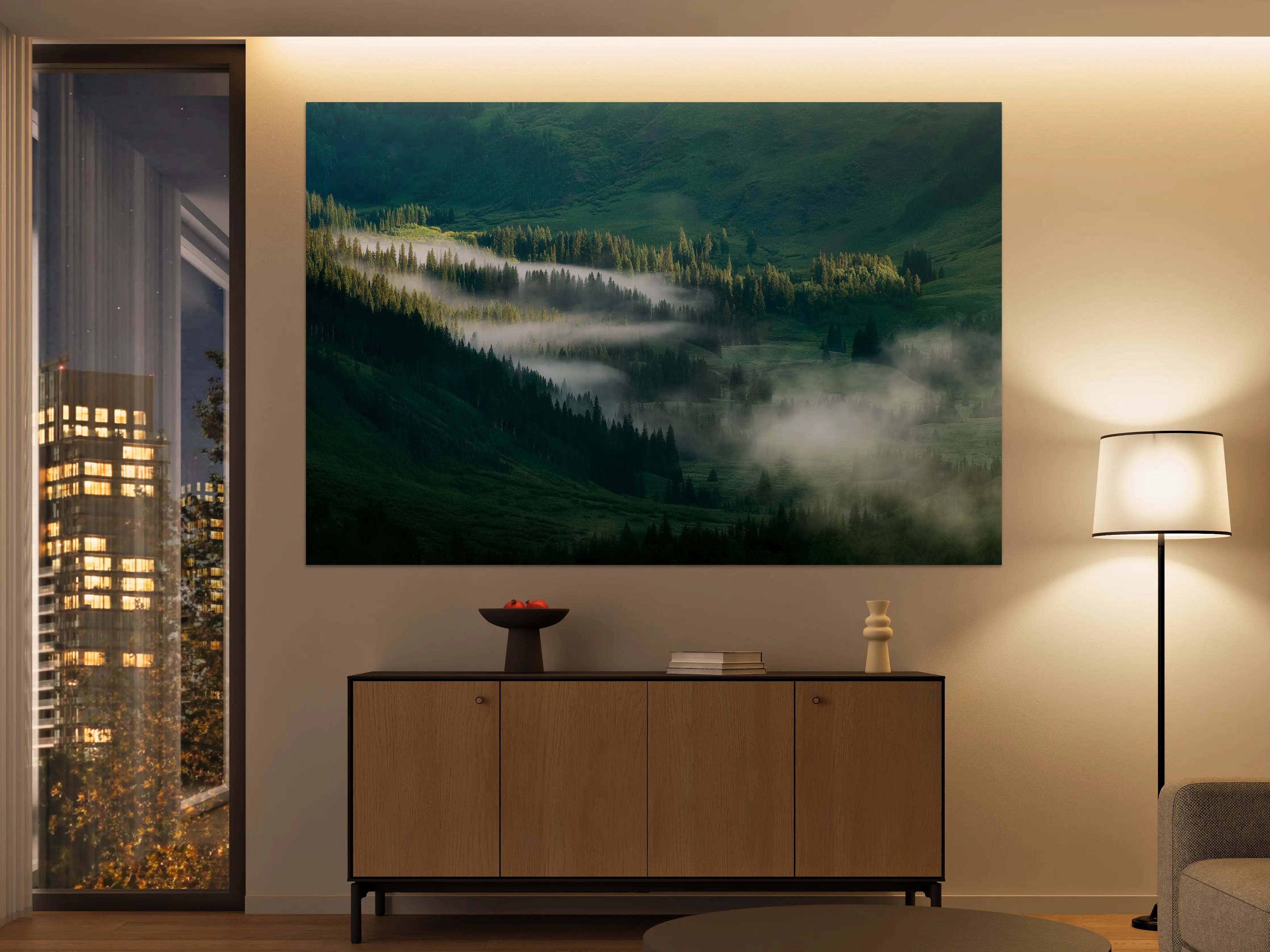 Große Wandbilder - Neblige Berglandschaft im Morgenlicht
