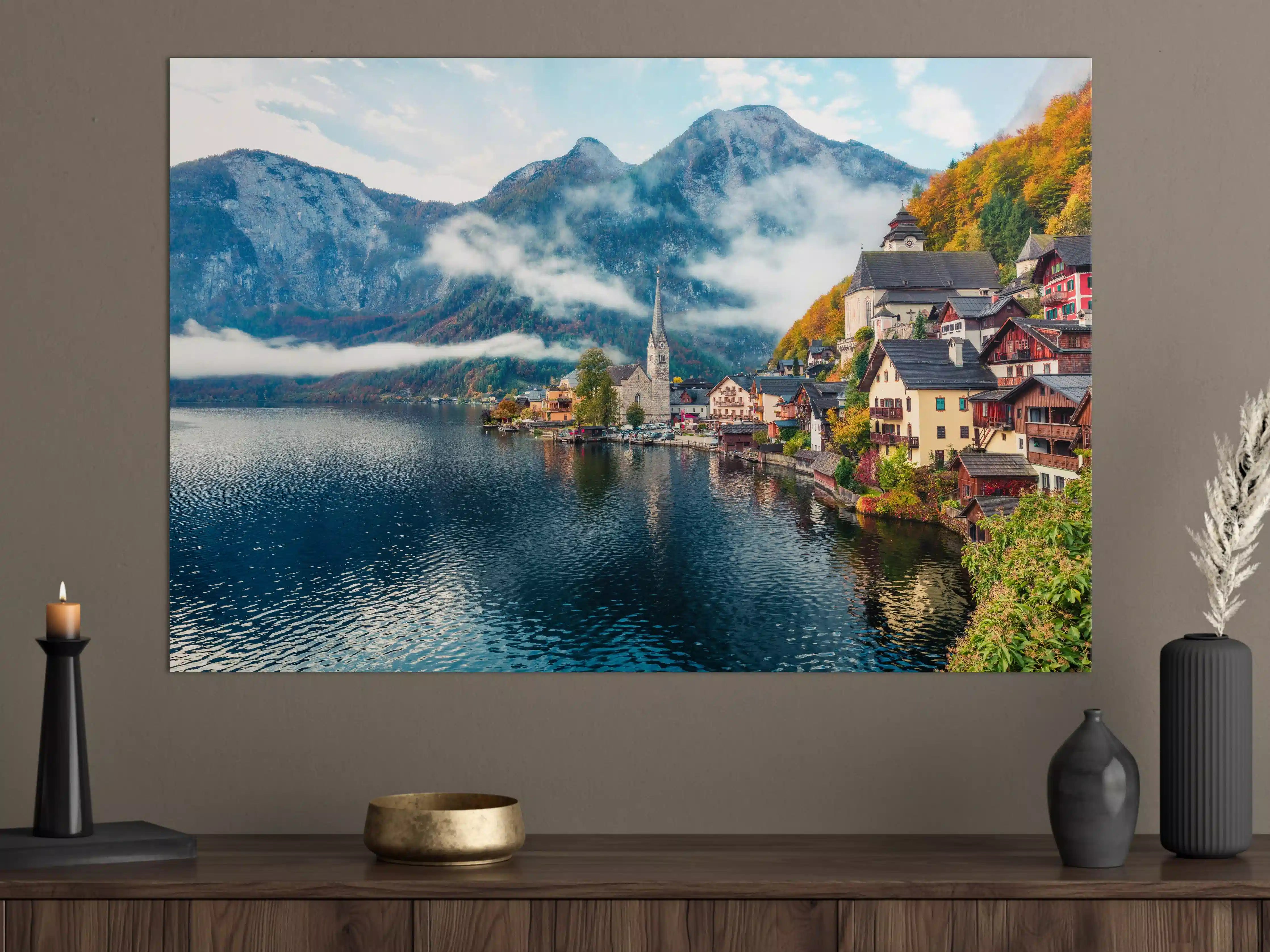 Große Wandbilder - Neblige Herbstszene am Hallstätter See