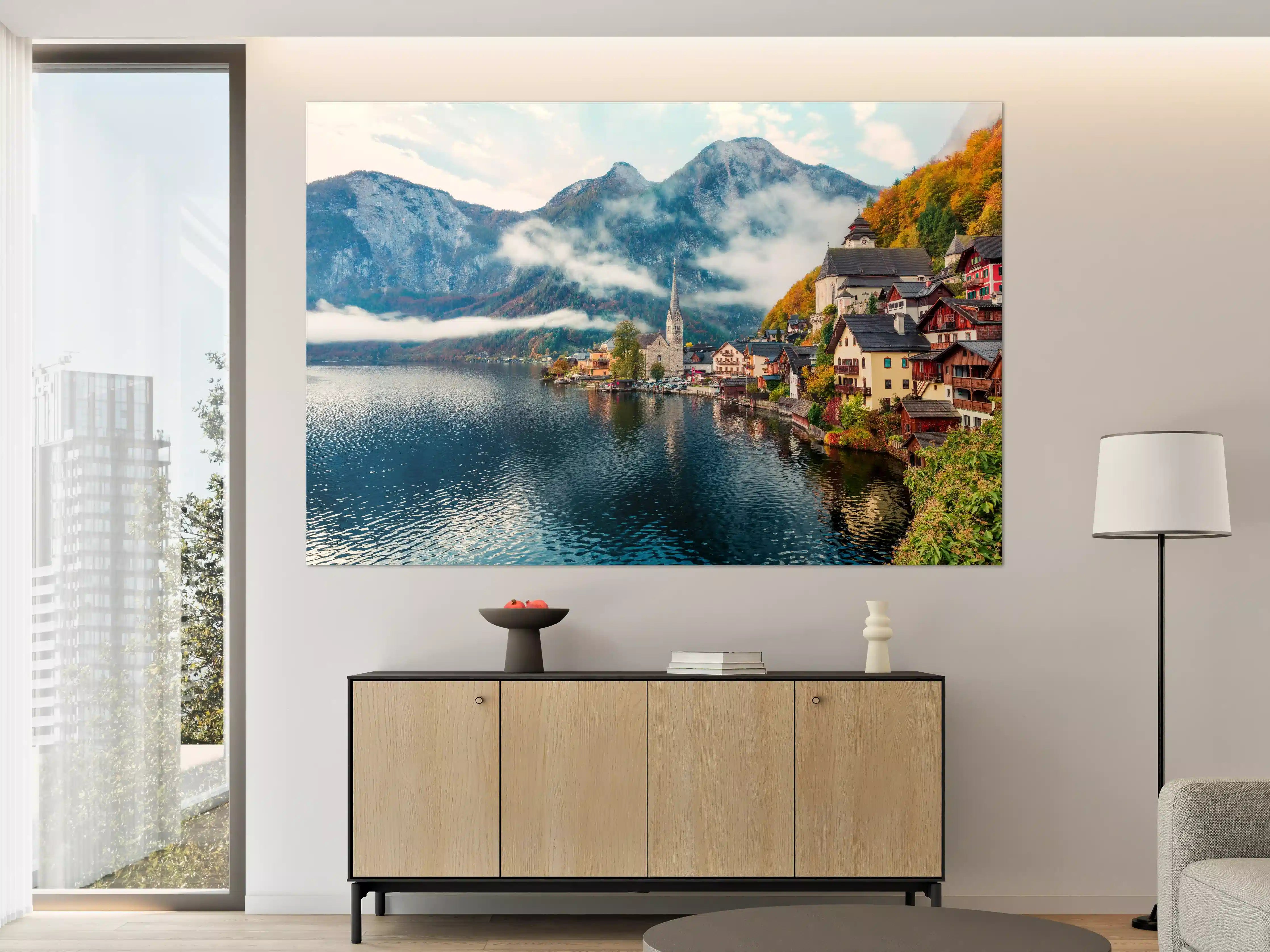 Große Wandbilder - Neblige Herbstszene am Hallstätter See